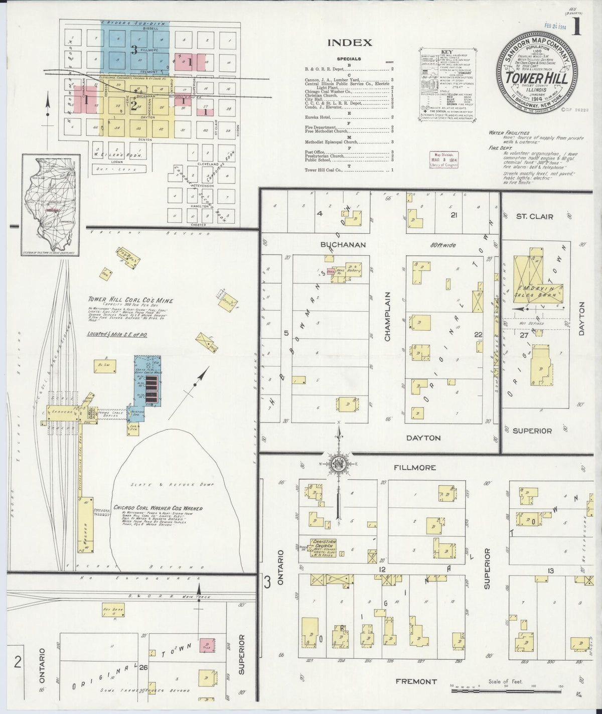 Sanborn Fire Insurance Map from Tower Hill, Shelby County, Illinois (1914), Sheet #0001 - Complete Map Set gallery image, historic Sanborn map, vintage wall art, Illinois Illinois