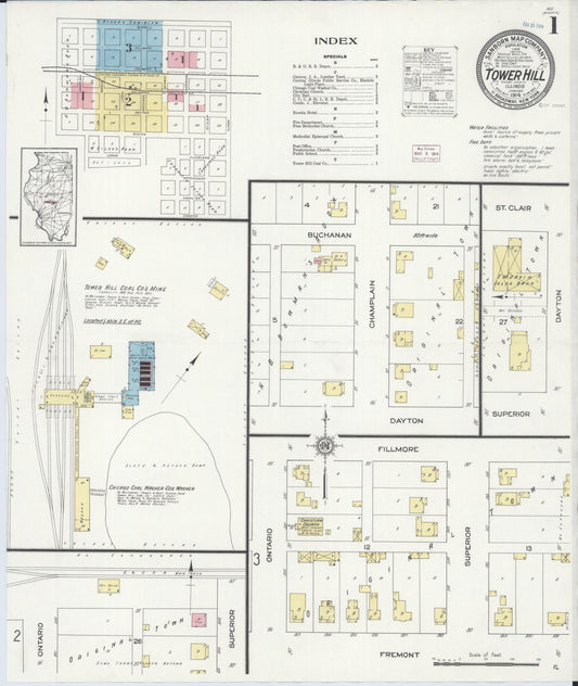 Sanborn Fire Insurance Map from Tower Hill, Shelby County, Illinois (1914), Sheet #0001 - Complete Map Set gallery image, historic Sanborn map, vintage wall art, Illinois Illinois