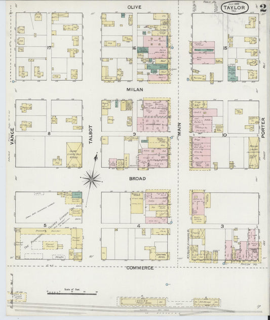 Sanborn Fire Insurance Map from Taylor, Williamson County, Texas (1889), Sheet #0002 - Historic Sanborn Fire Insurance Map Print, vintage old map wall art, antique decor, genealogy gift, Texas Texas map