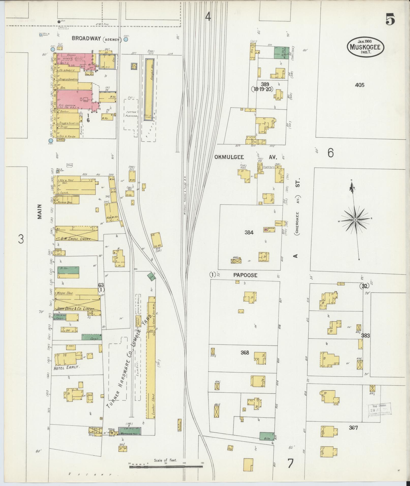 Sanborn Fire Insurance Map from Muskogee, Muskogee County, Oklahoma (1900), Sheet #0005 - Complete Map Set gallery image, historic Sanborn map, vintage wall art, Oklahoma Oklahoma