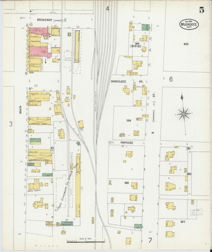 Sanborn Fire Insurance Map from Muskogee, Muskogee County, Oklahoma (1900), Sheet #0005 - Complete Map Set gallery image, historic Sanborn map, vintage wall art, Oklahoma Oklahoma