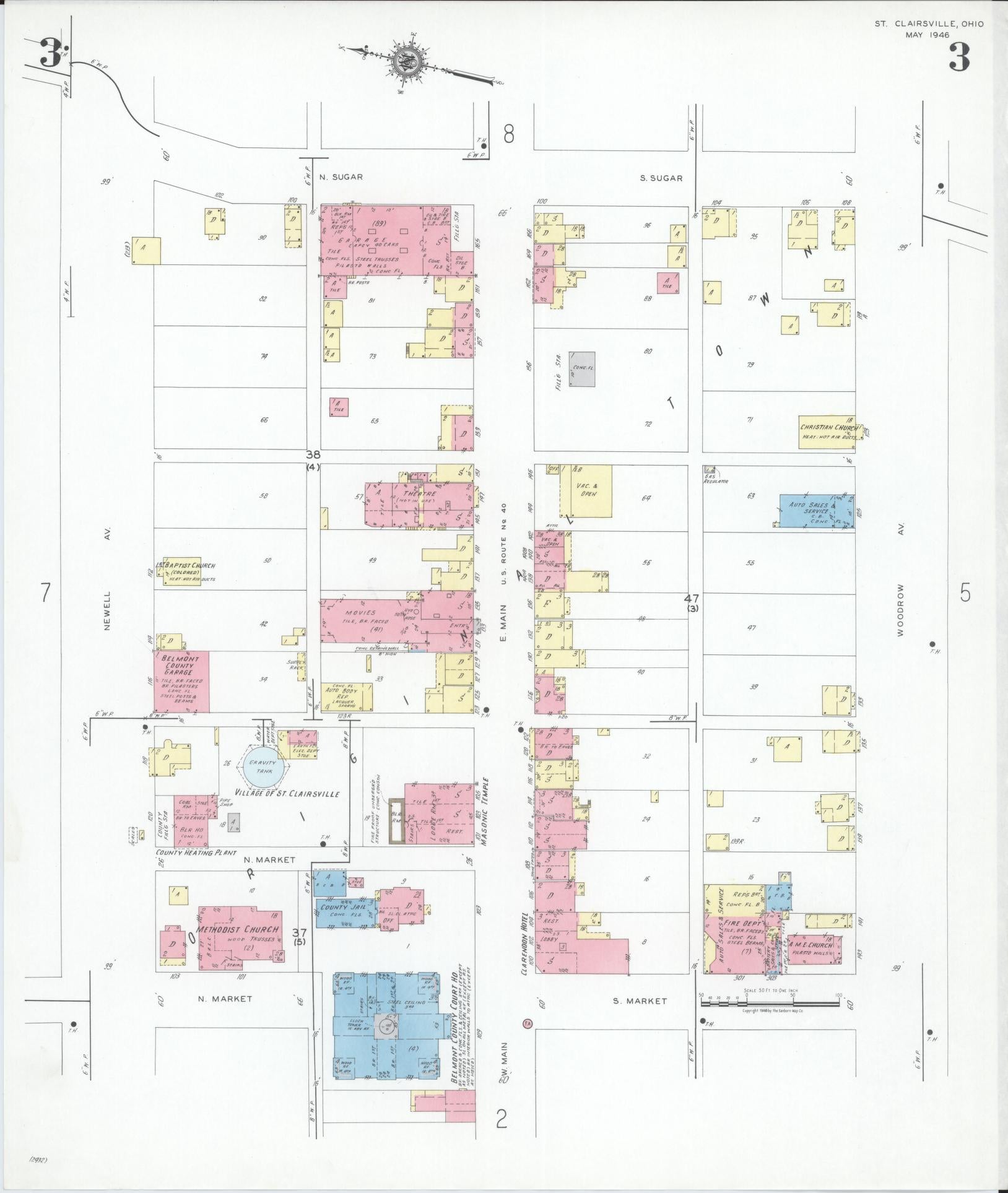 Sanborn Fire Insurance Map from Saint Clairsville, Belmont County, Ohio (1946), Sheet #0003 - Historic Sanborn Fire Insurance Map Print, vintage old map wall art, antique decor, genealogy gift, Ohio Ohio map