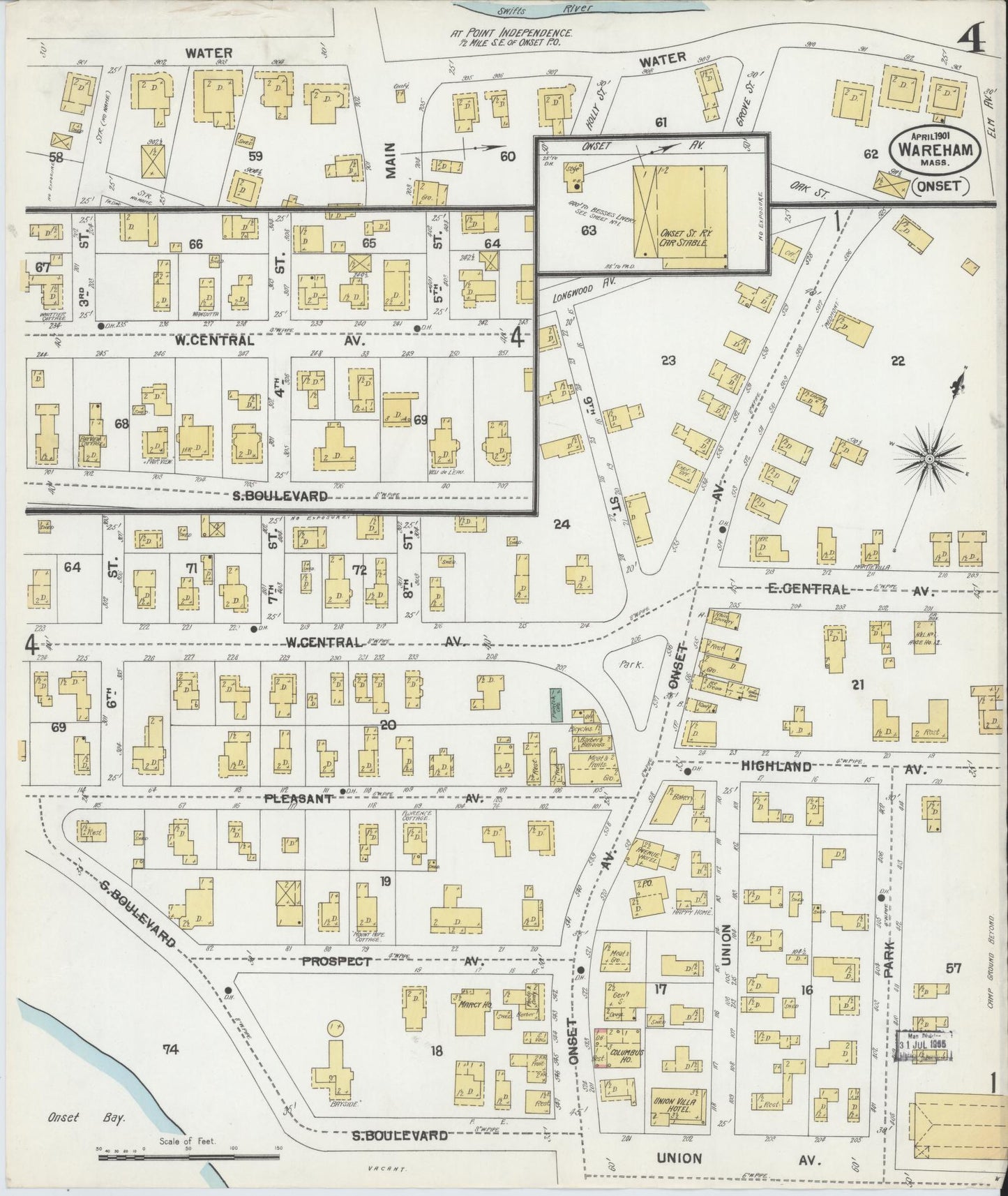 Sanborn Fire Insurance Map from Wareham, Plymouth County, Massachusetts (1901), Sheet #0004 - Historic Sanborn Fire Insurance Map Print, vintage old map wall art, antique decor, genealogy gift, Massachusetts Massachusetts map