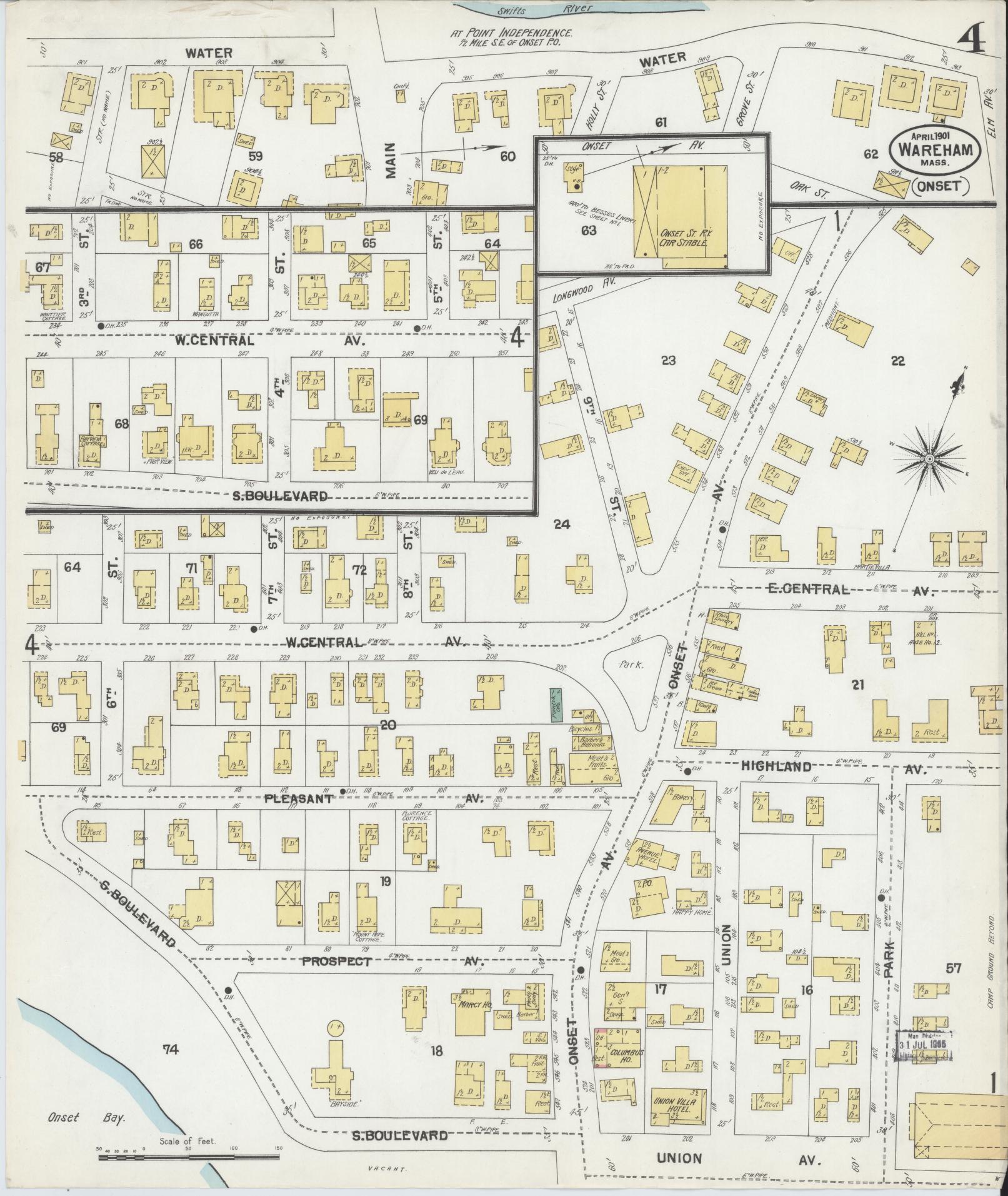 Sanborn Fire Insurance Map from Wareham, Plymouth County, Massachusetts (1901), Sheet #0004 - Historic Sanborn Fire Insurance Map Print, vintage old map wall art, antique decor, genealogy gift, Massachusetts Massachusetts map