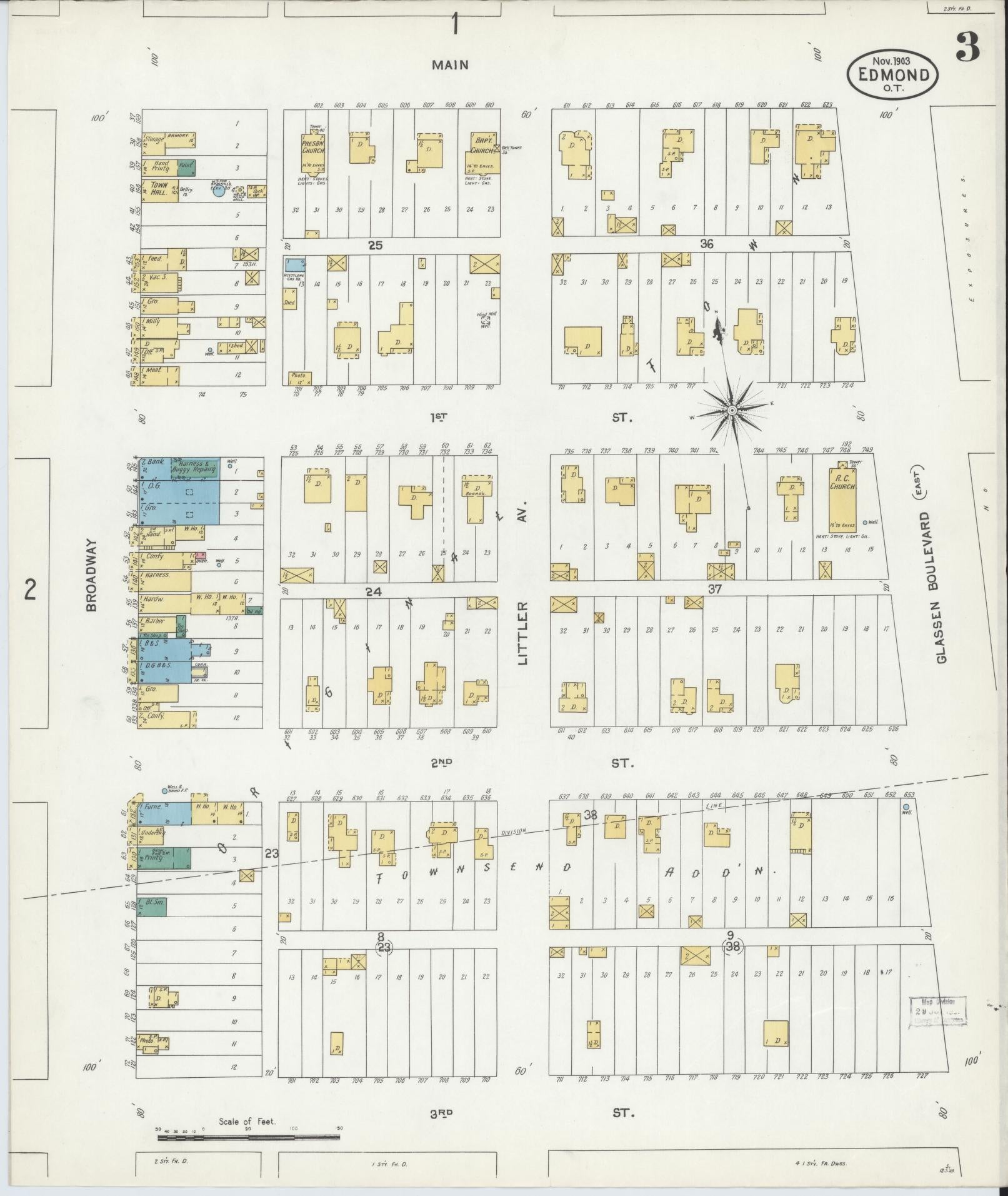 Sanborn Fire Insurance Map from Edmond, Oklahoma County, Oklahoma (1903), Sheet #0003 - Historic Sanborn Fire Insurance Map Print, vintage old map wall art, antique decor, genealogy gift, Edmond Oklahoma map