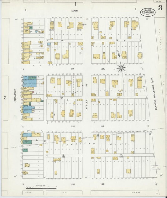 Sanborn Fire Insurance Map from Edmond, Oklahoma County, Oklahoma (1903), Sheet #0003 - Historic Sanborn Fire Insurance Map Print, vintage old map wall art, antique decor, genealogy gift, Edmond Oklahoma map