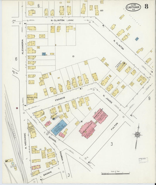 Sanborn Fire Insurance Map from Carthage, Jefferson County, New York (1915), Sheet #0008 - Historic Sanborn Fire Insurance Map Print, vintage old map wall art, antique decor, genealogy gift, New York New York map
