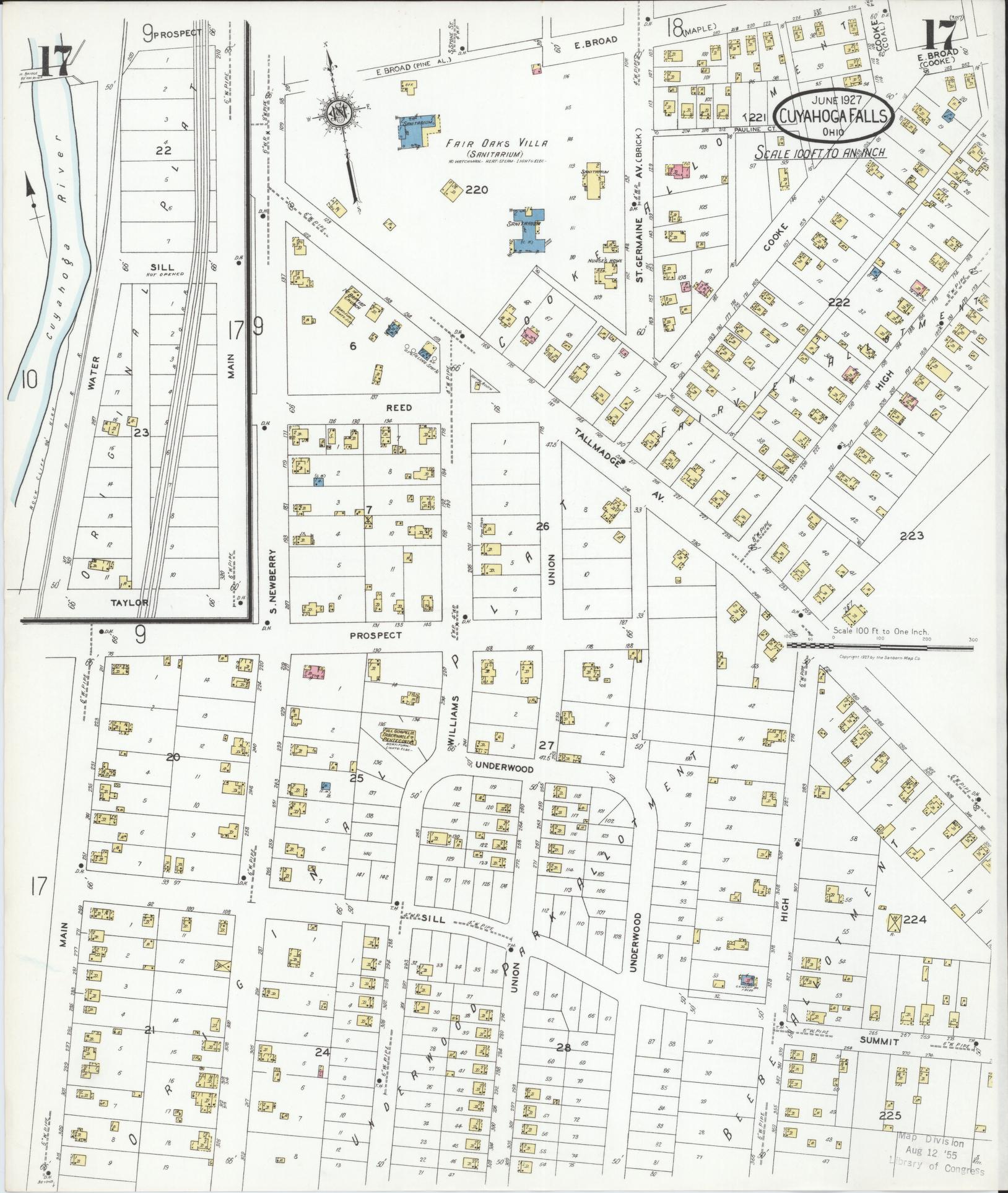 Sanborn Fire Insurance Map from Cuyahoga Falls, Summit County, Ohio (1927), Sheet #0017 - Historic Sanborn Fire Insurance Map Print, vintage old map wall art, antique decor, genealogy gift, Ohio Ohio map
