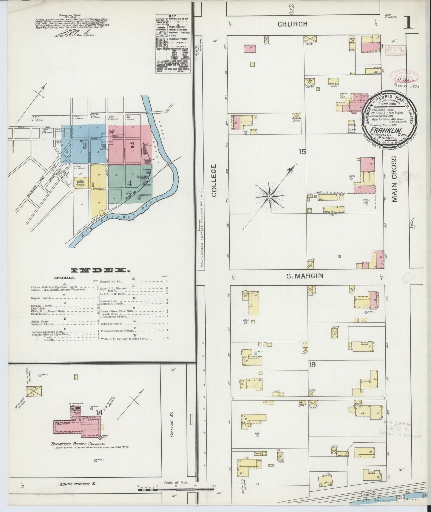 Sanborn Fire Insurance Map from Franklin, Williamson County, Tennessee (1893), Sheet #0001 - Historic Sanborn Fire Insurance Map Print, vintage old map wall art, antique decor, genealogy gift, Tennessee Tennessee map