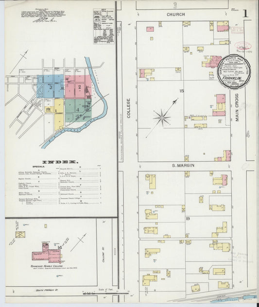 Sanborn Fire Insurance Map from Franklin, Williamson County, Tennessee (1893), Sheet #0001 - Historic Sanborn Fire Insurance Map Print, vintage old map wall art, antique decor, genealogy gift, Tennessee Tennessee map