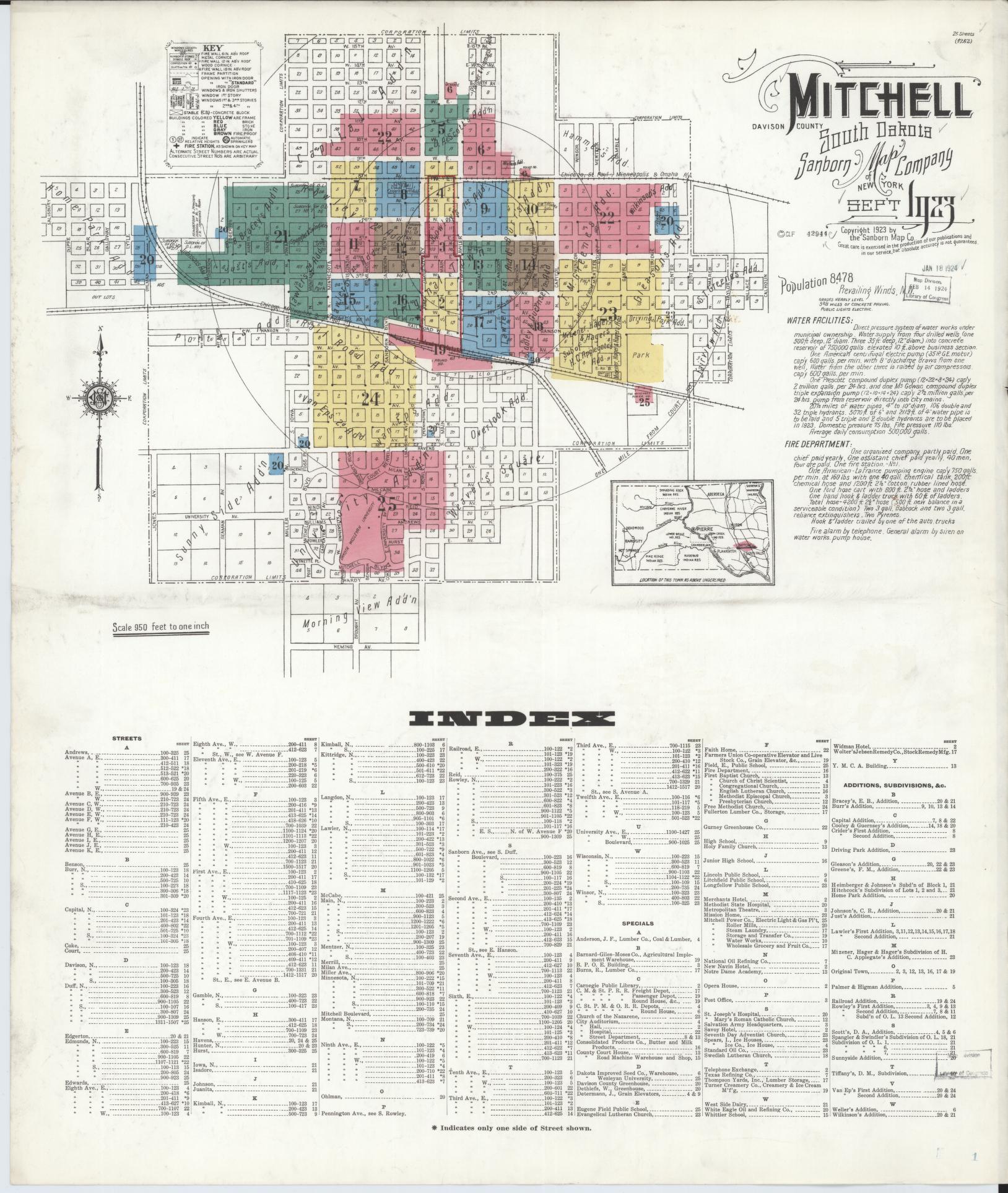 Sanborn Fire Insurance Map from Mitchell, Davison County, South Dakota (1923), Sheet #0001 - Historic Sanborn Fire Insurance Map Print, vintage old map wall art, antique decor, genealogy gift, South Dakota South Dakota map