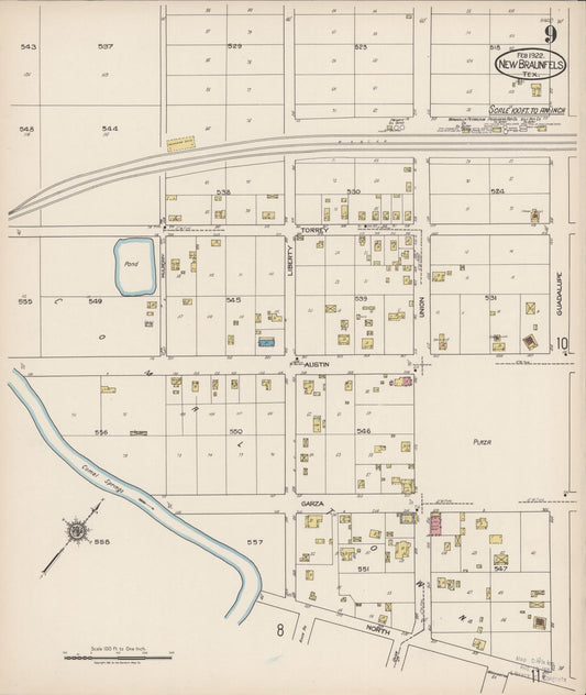 Sanborn Fire Insurance Map from New Braunfels, Comal County, Texas (1922), Sheet #0009 - Historic Sanborn Fire Insurance Map Print, vintage old map wall art, antique decor, genealogy gift, Texas Texas map