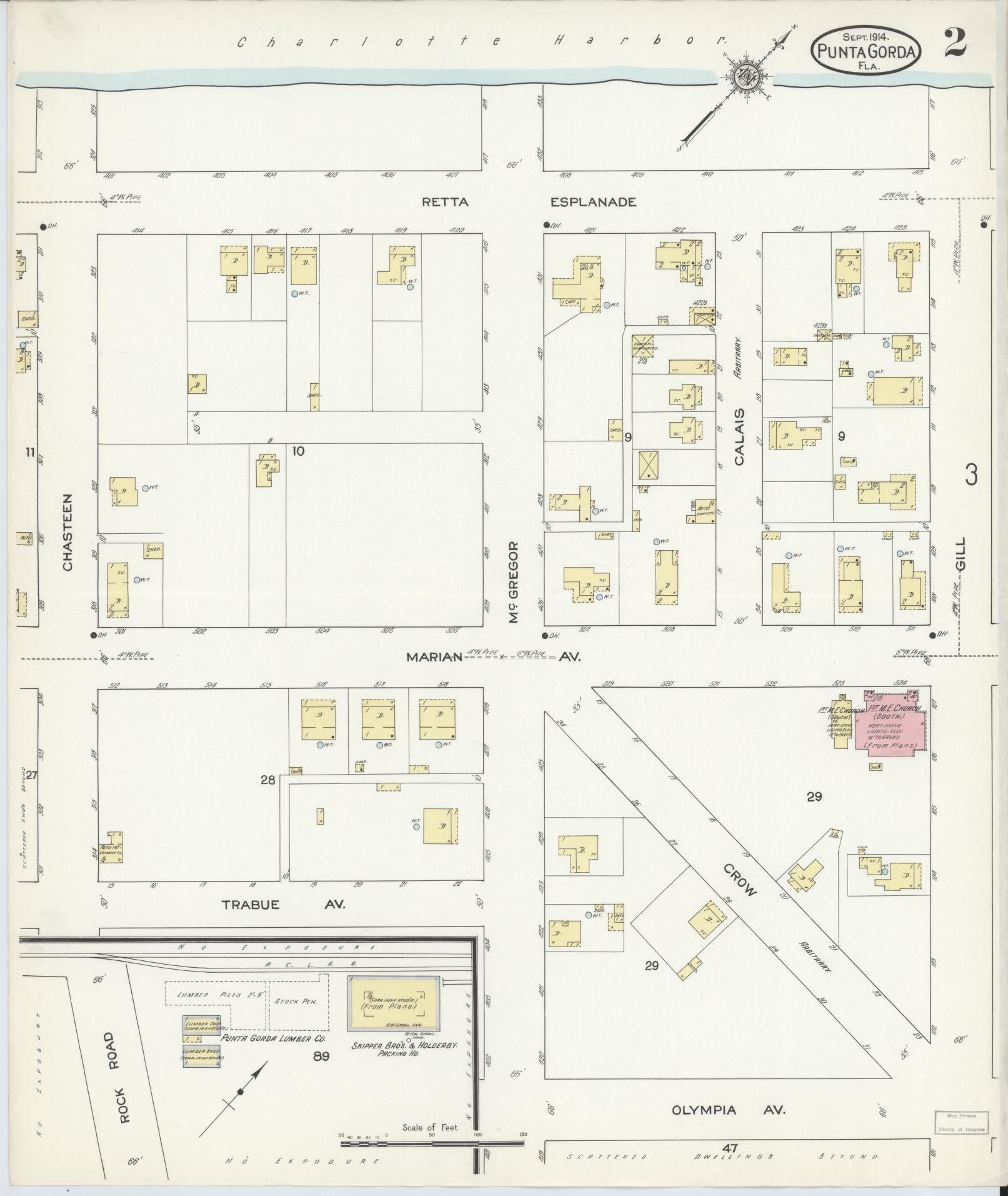 Sanborn Fire Insurance Map from Punta Gorda, Charlotte County, Florida (1914), Sheet #0002 - Complete Map Set gallery image, historic Sanborn map, vintage wall art, Florida Florida