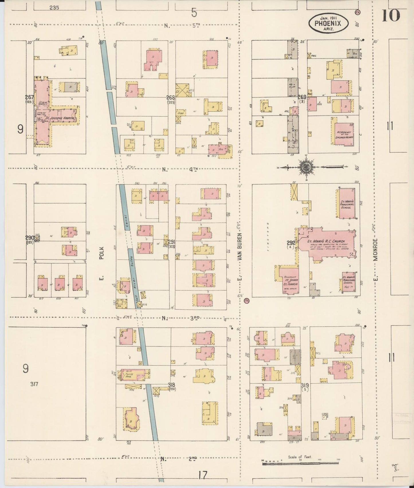 Sanborn Fire Insurance Map from Phoenix, Maricopa County, Arizona (1911), Sheet #0010 - Complete Map Set gallery image, historic Sanborn map, vintage wall art, Arizona Arizona