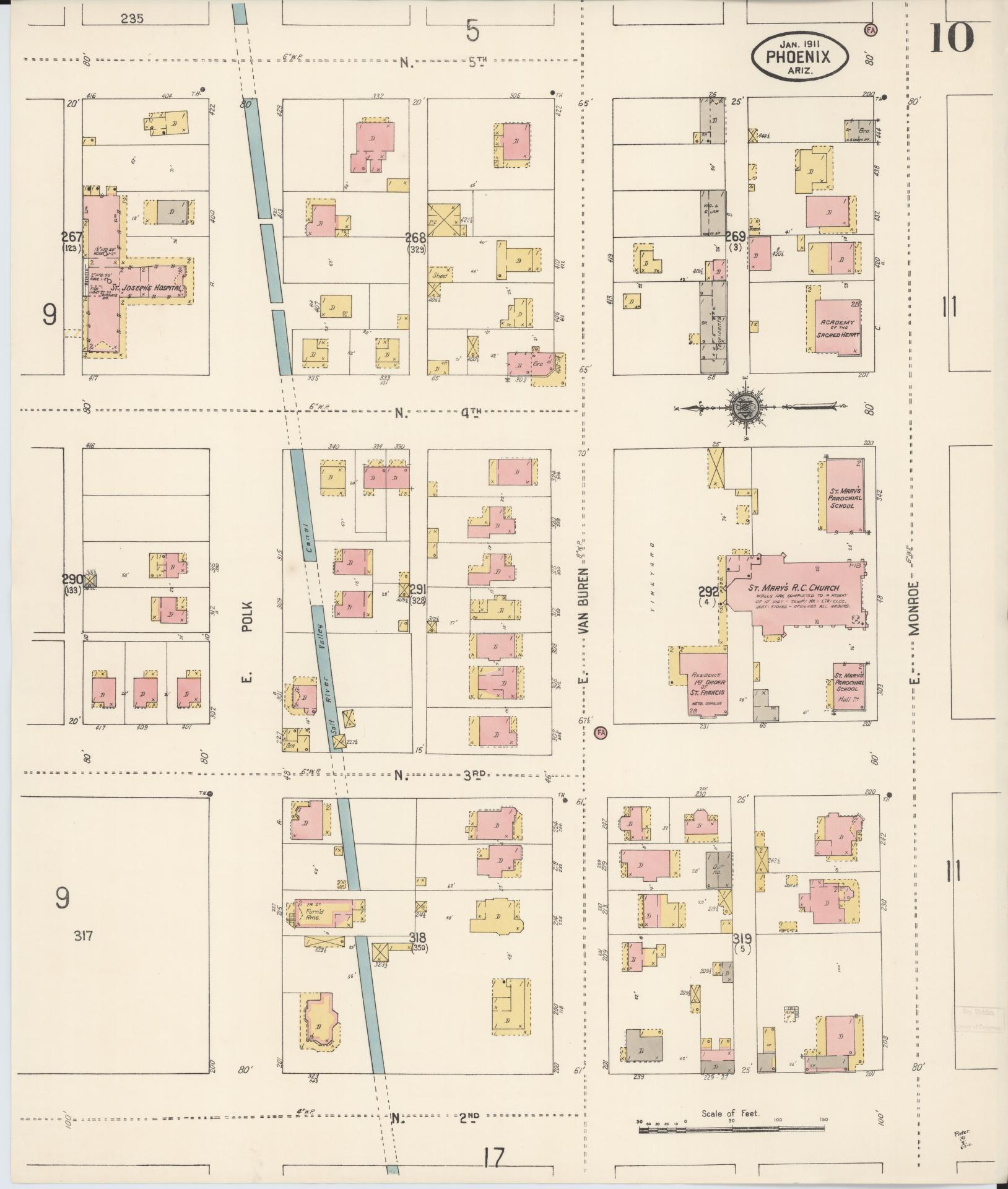 Sanborn Fire Insurance Map from Phoenix, Maricopa County, Arizona (1911), Sheet #0010 - Complete Map Set gallery image, historic Sanborn map, vintage wall art, Arizona Arizona