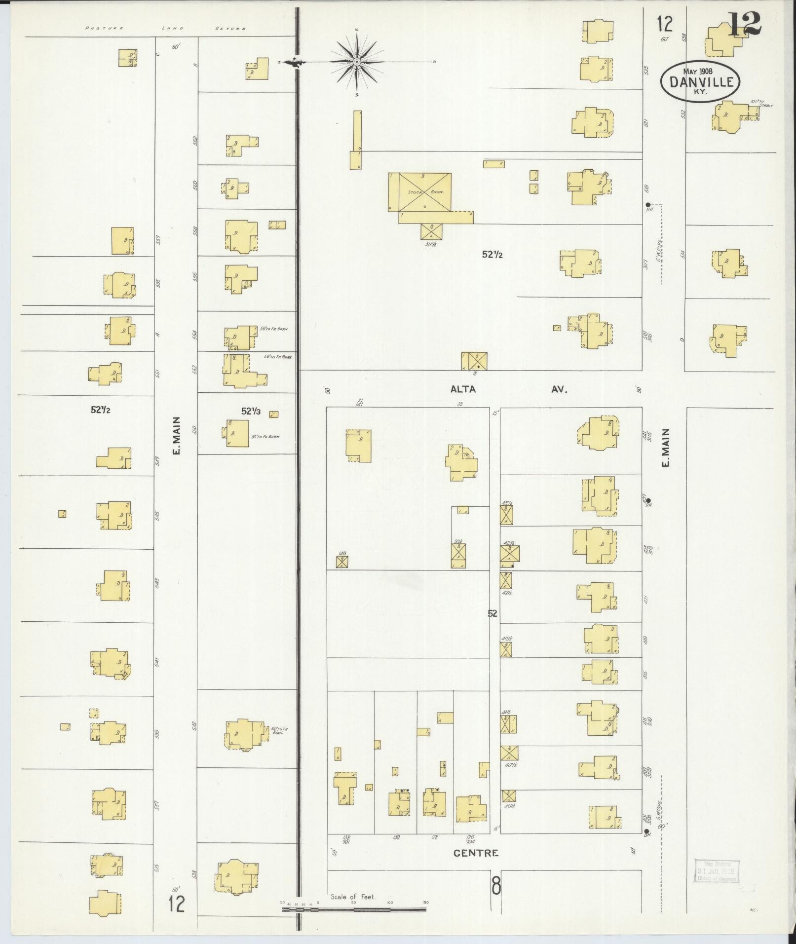 Sanborn Fire Insurance Map from Danville, Boyle County, Kentucky (1908), Sheet #0012 - Historic Sanborn Fire Insurance Map Print, vintage old map wall art, antique decor, genealogy gift, Kentucky Kentucky map