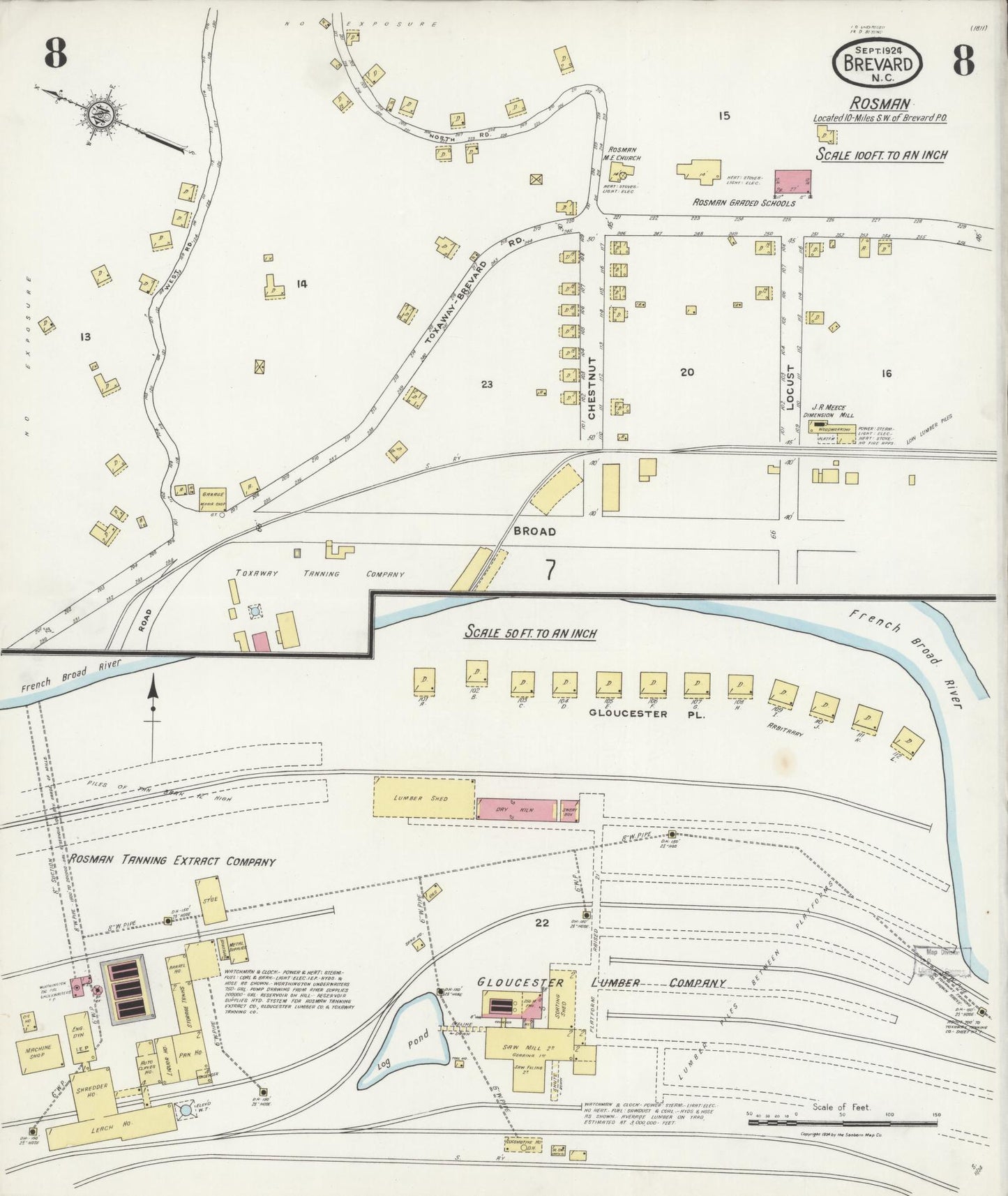 Sanborn Fire Insurance Map from Brevard, Transylvania County, North Carolina (1924), Sheet #0008 - Complete Map Set gallery image, historic Sanborn map, vintage wall art, North Carolina North Carolina