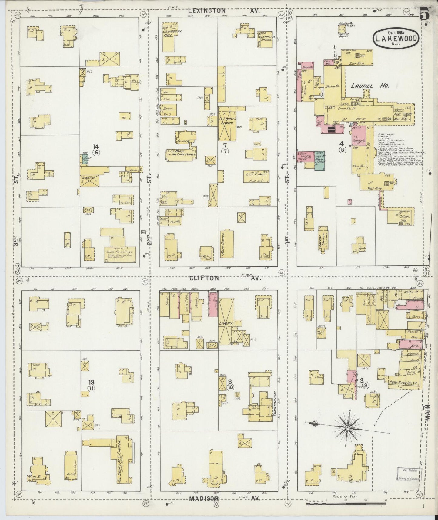 Sanborn Fire Insurance Map from Lakewood, Ocean County, New Jersey (1895), Sheet #0005 - Historic Sanborn Fire Insurance Map Print, vintage old map wall art, antique decor, genealogy gift, New Jersey New Jersey map