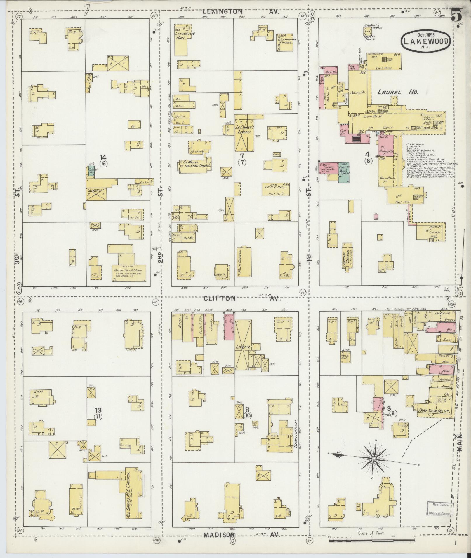 Sanborn Fire Insurance Map from Lakewood, Ocean County, New Jersey (1895), Sheet #0005 - Historic Sanborn Fire Insurance Map Print, vintage old map wall art, antique decor, genealogy gift, New Jersey New Jersey map