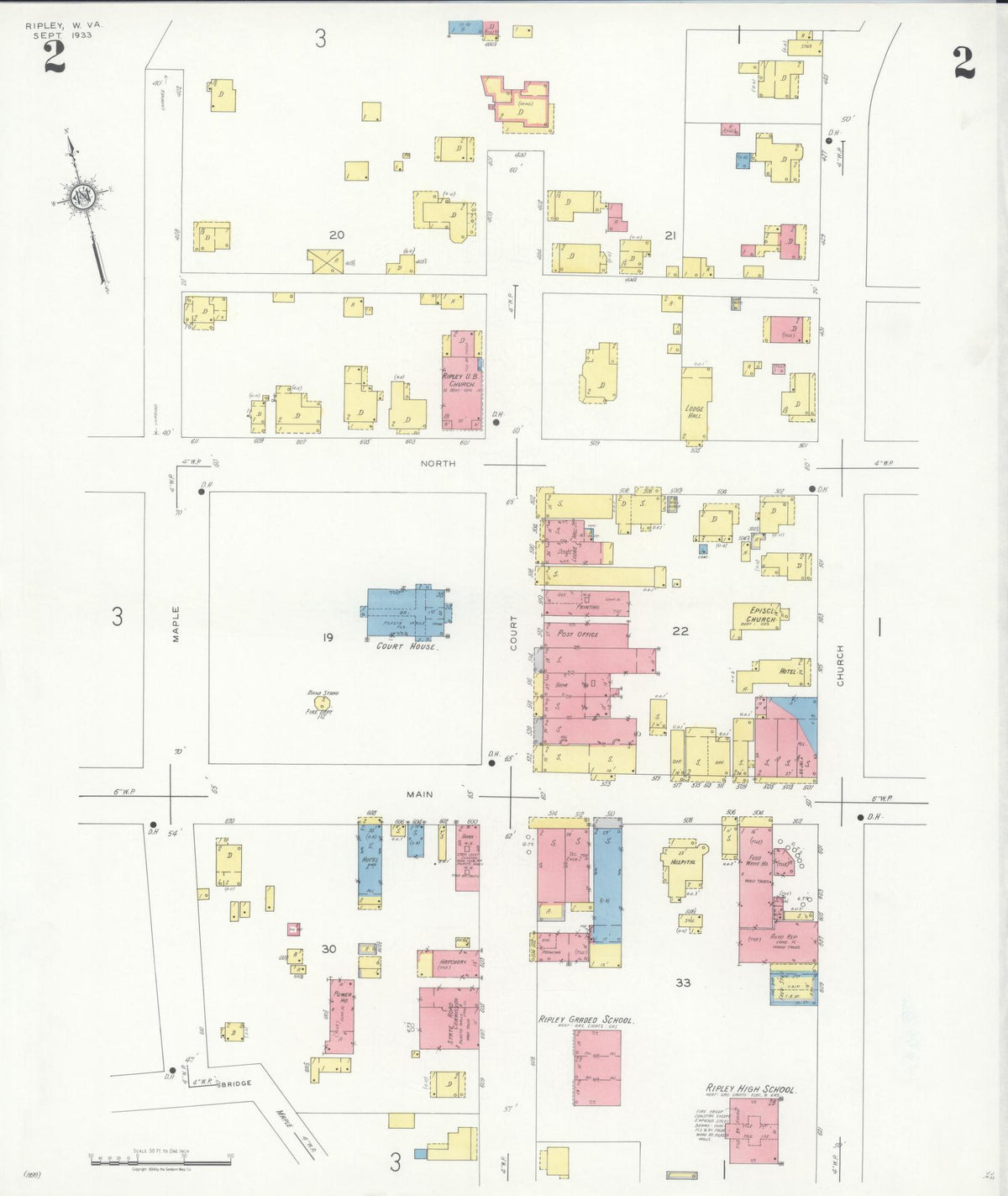Sanborn Fire Insurance Map from Ripley, Jackson County, West Virginia (1933), Sheet #0002 - Historic Sanborn Fire Insurance Map Print, vintage old map wall art, antique decor, genealogy gift, West Virginia West Virginia map