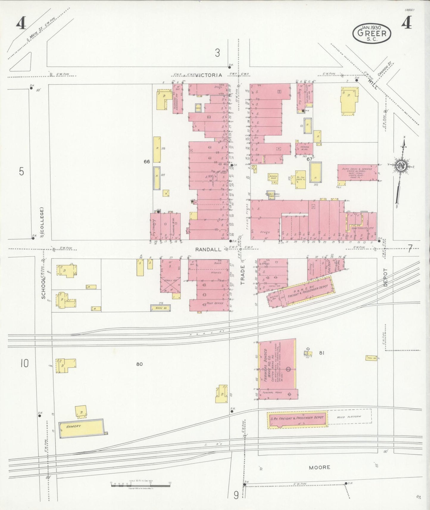 Sanborn Fire Insurance Map from Greer, Greenville and Spartanburg Counties, South Carolina (1930), Sheet #0004 - Complete Map Set gallery image, historic Sanborn map, vintage wall art, South Carolina South Carolina