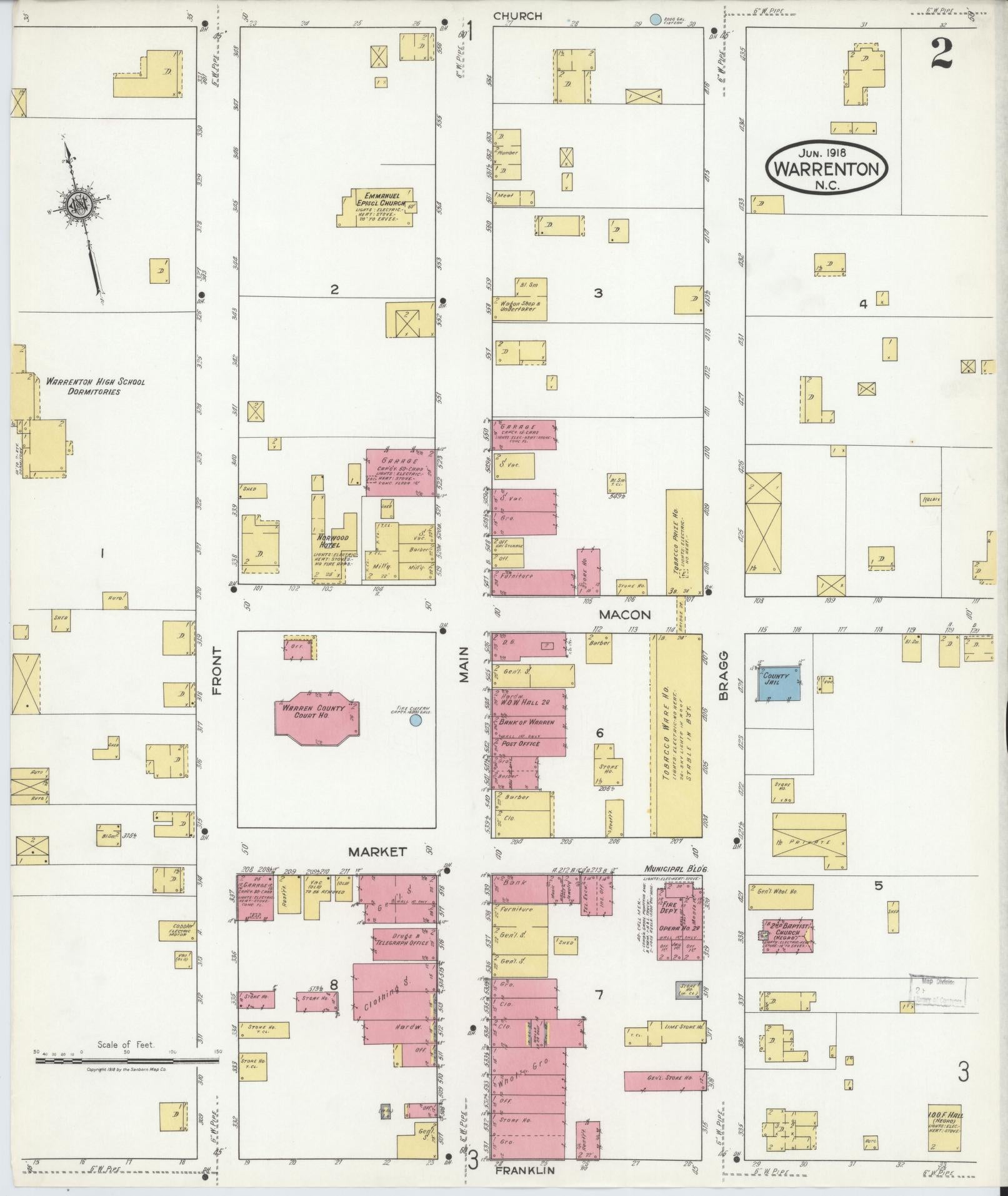 Sanborn Fire Insurance Map from Warrenton, Warren County, North Carolina (1918), Sheet #0002 - Historic Sanborn Fire Insurance Map Print, vintage old map wall art, antique decor, genealogy gift, North Carolina North Carolina map