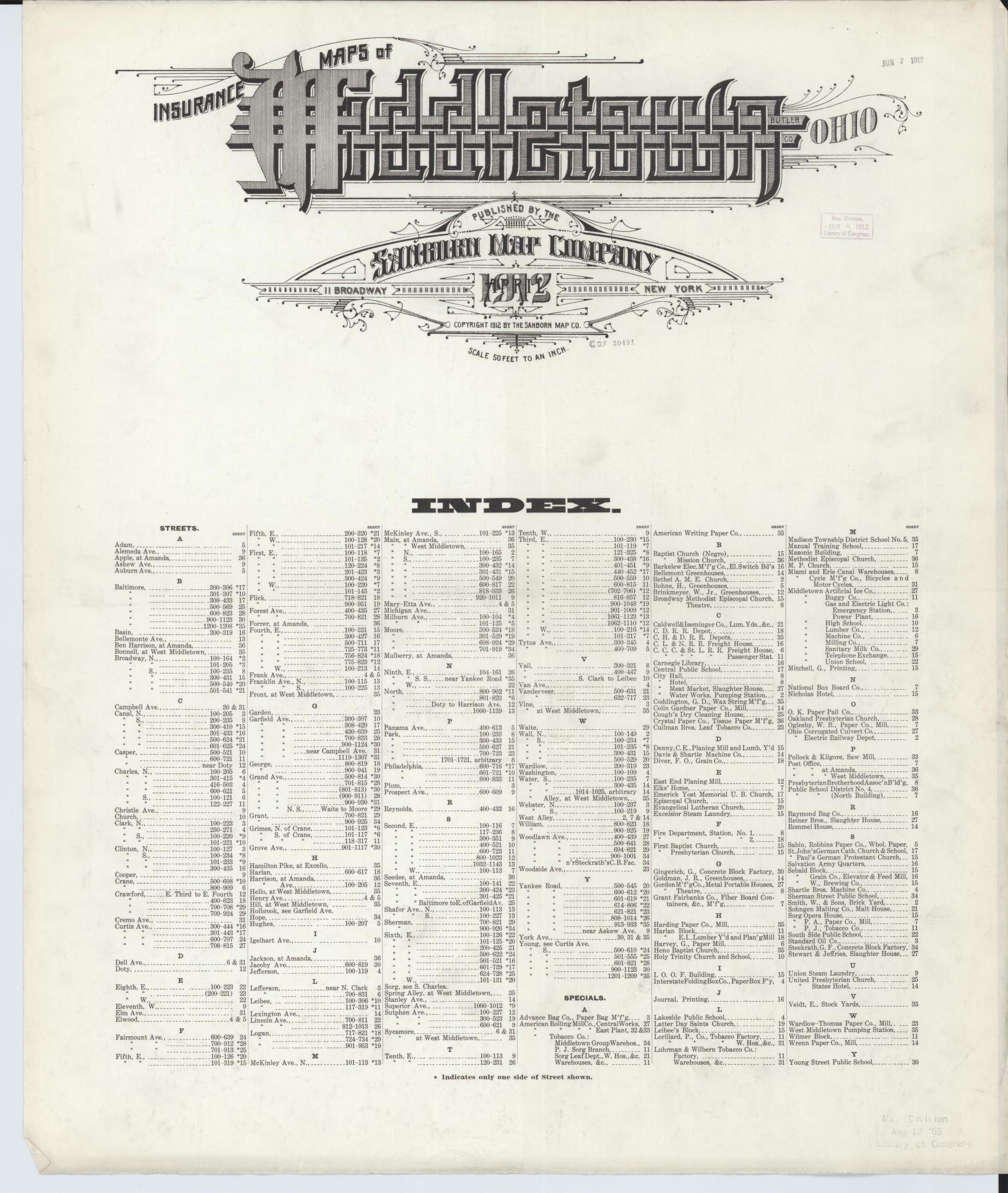 Sanborn Fire Insurance Map from Middletown, Butler County, Ohio (1912), Sheet #0001 - Historic Sanborn Fire Insurance Map Print, vintage old map wall art, antique decor, genealogy gift, Ohio Ohio map