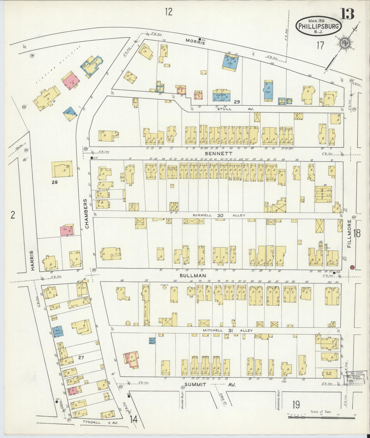 Sanborn Fire Insurance Map from Phillipsburg, Warren County, New Jersey (1916), Sheet #0013 - Historic Sanborn Fire Insurance Map Print, vintage old map wall art, antique decor, genealogy gift, New Jersey New Jersey map