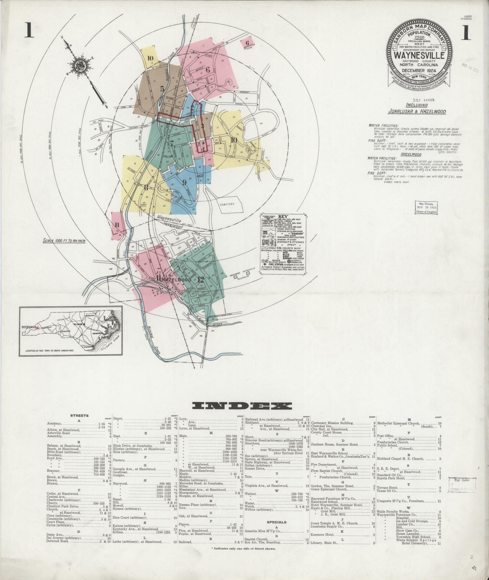 Sanborn Fire Insurance Map from Waynesville, Haywood County, North Carolina (1924), Sheet #0001 - Historic Sanborn Fire Insurance Map Print, vintage old map wall art, antique decor, genealogy gift, North Carolina North Carolina map