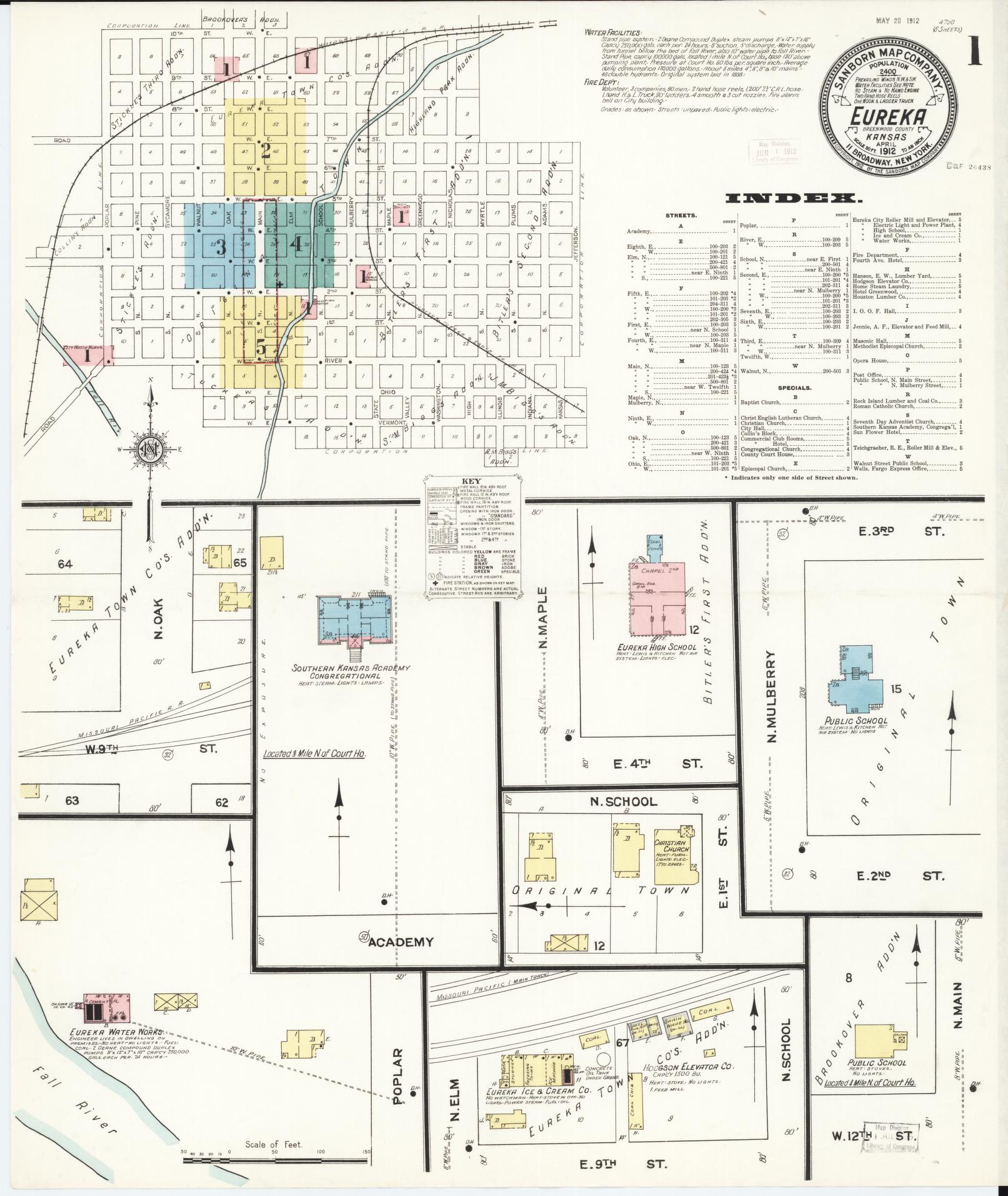 Sanborn Fire Insurance Map from Eureka, Greenwood County, Kansas (1912), Sheet #0001 - Historic Sanborn Fire Insurance Map Print, vintage old map wall art, antique decor, genealogy gift, Kansas Kansas map
