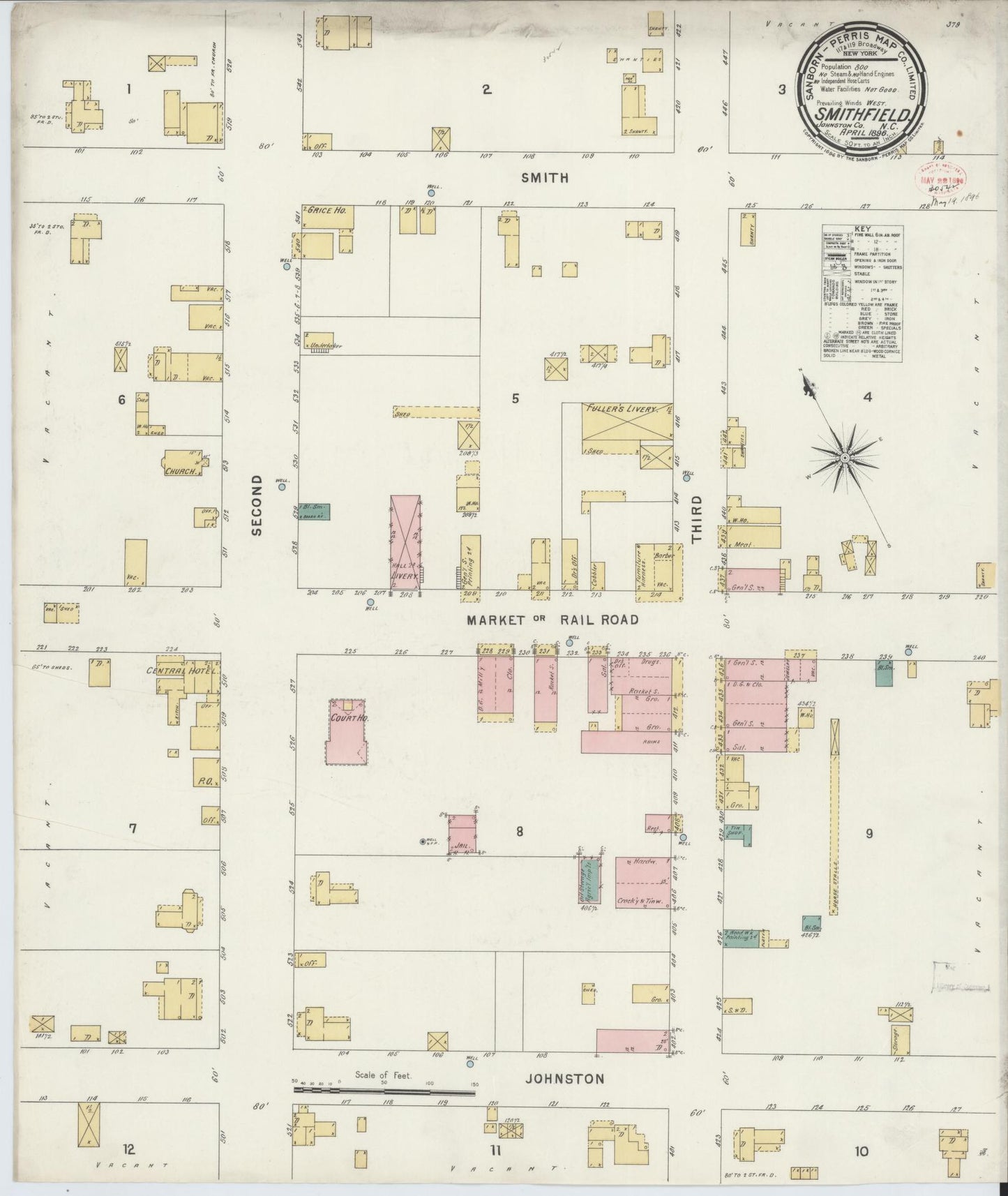Sanborn Fire Insurance Map from Smithfield, Johnston County, North Carolina (1896), Sheet #0001 - Historic Sanborn Fire Insurance Map Print, vintage old map wall art, antique decor, genealogy gift, North Carolina North Carolina map