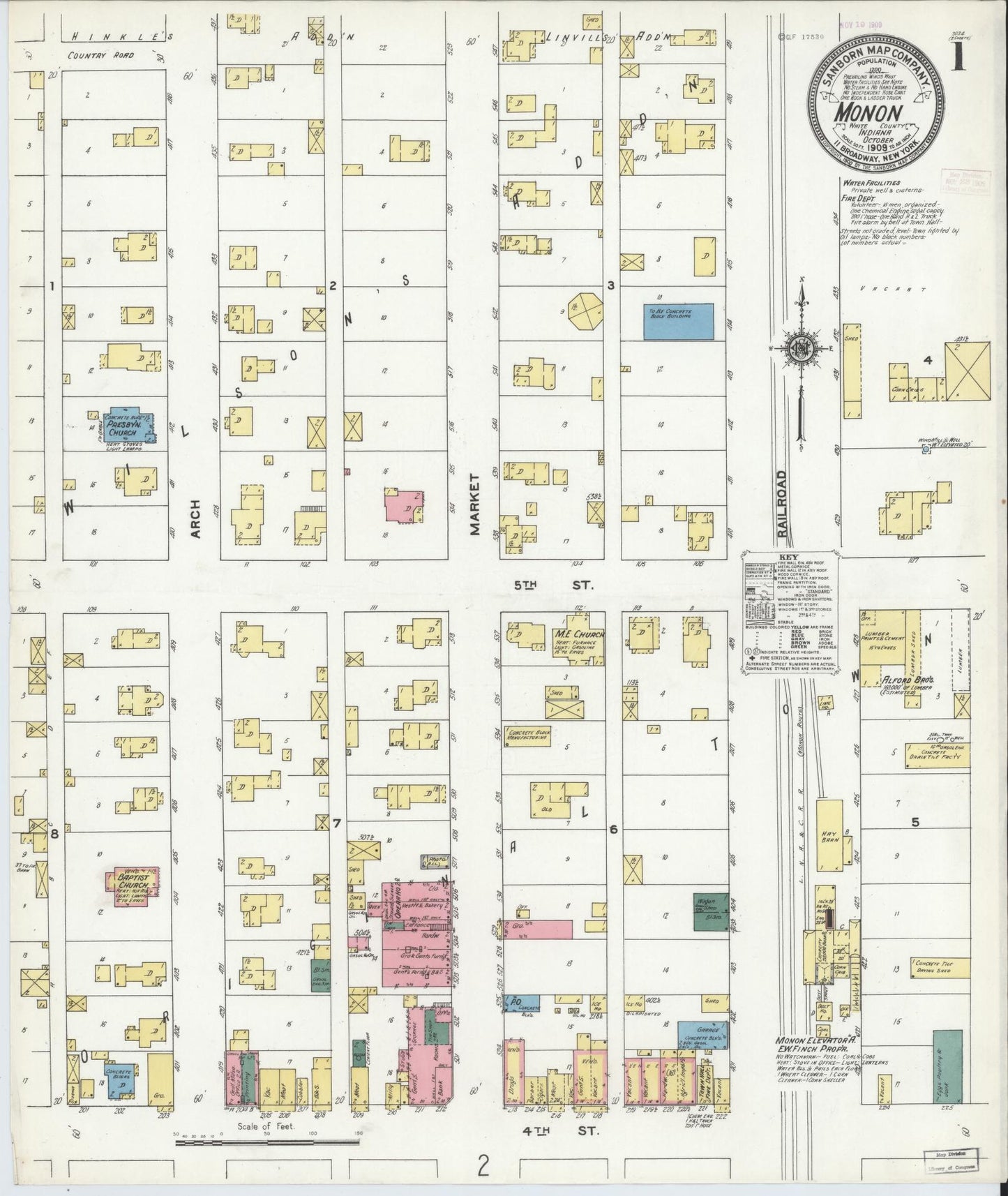 Sanborn Fire Insurance Map from Monon, White County, Indiana (1909), Sheet #0001 - Historic Sanborn Fire Insurance Map Print, vintage old map wall art, antique decor, genealogy gift, Indiana Indiana map