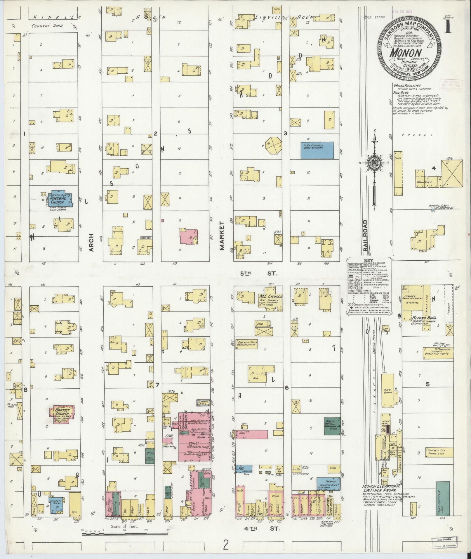 Sanborn Fire Insurance Map from Monon, White County, Indiana (1909), Sheet #0001 - Historic Sanborn Fire Insurance Map Print, vintage old map wall art, antique decor, genealogy gift, Indiana Indiana map