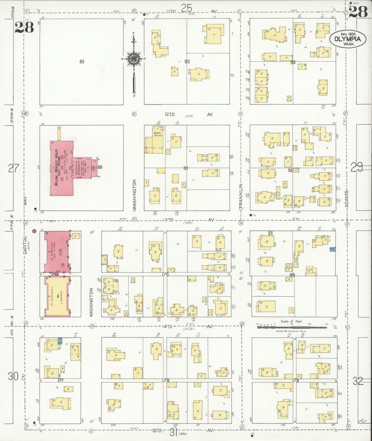 Sanborn Fire Insurance Map from Olympia, Thurston County, Washington (1924), Sheet #0028 - Historic Sanborn Fire Insurance Map Print, vintage old map wall art, antique decor, genealogy gift, Washington Washington map