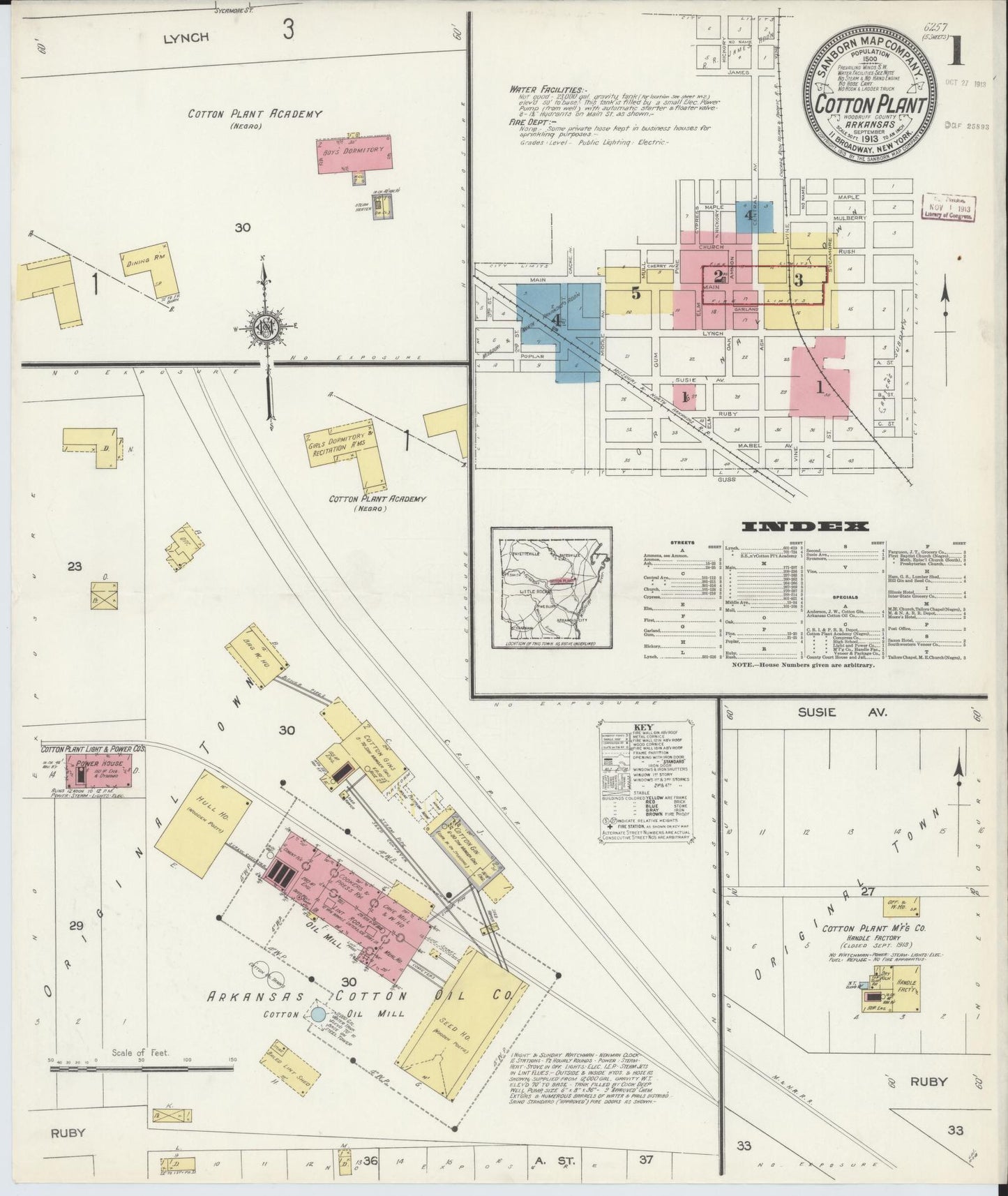 Sanborn Fire Insurance Map from Cotton Plant, Woodruff County, Arkansas (1913), Sheet #0001 - Complete Map Set gallery image, historic Sanborn map, vintage wall art, Arkansas Arkansas