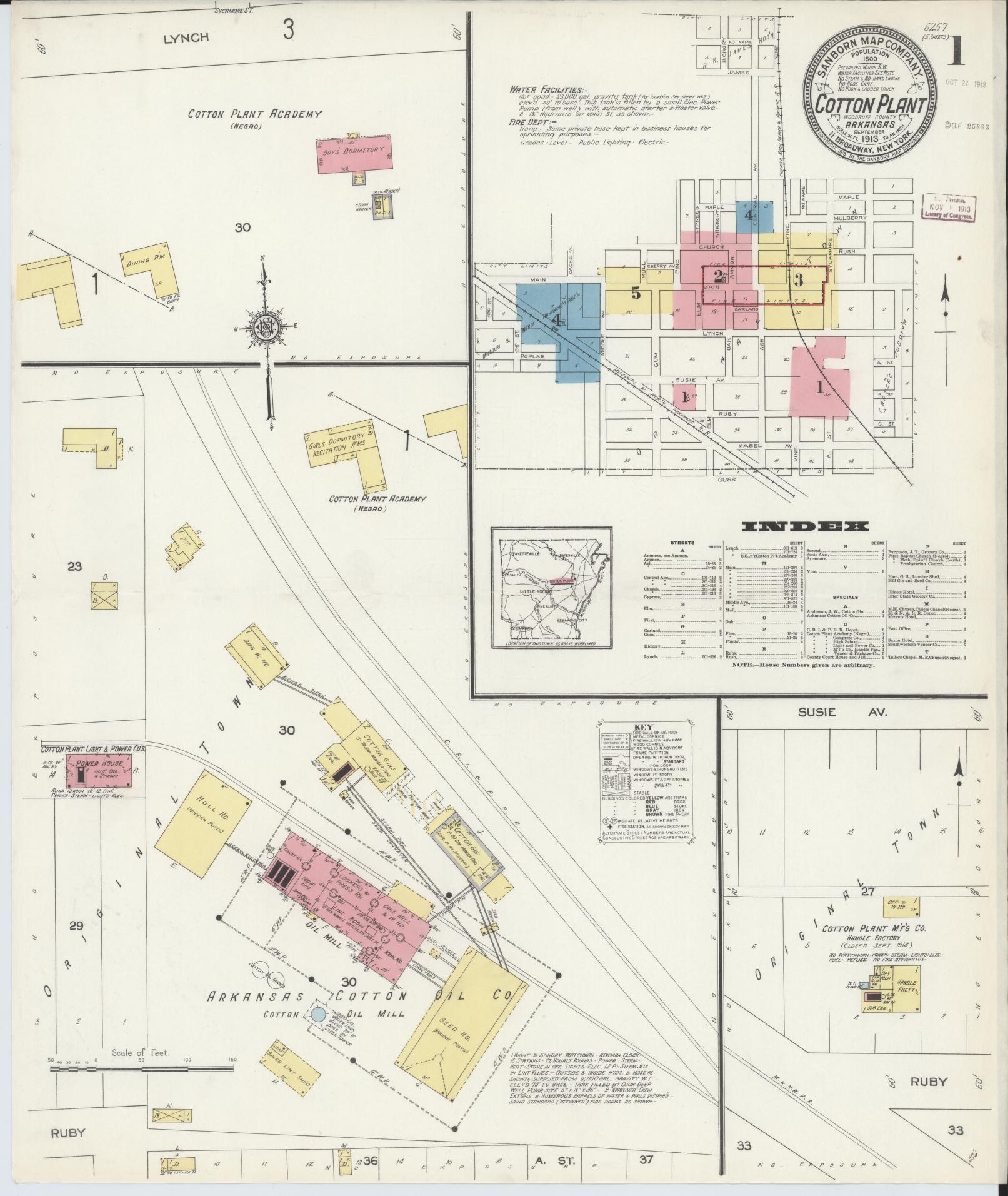 Sanborn Fire Insurance Map from Cotton Plant, Woodruff County, Arkansas (1913), Sheet #0001 - Complete Map Set gallery image, historic Sanborn map, vintage wall art, Arkansas Arkansas