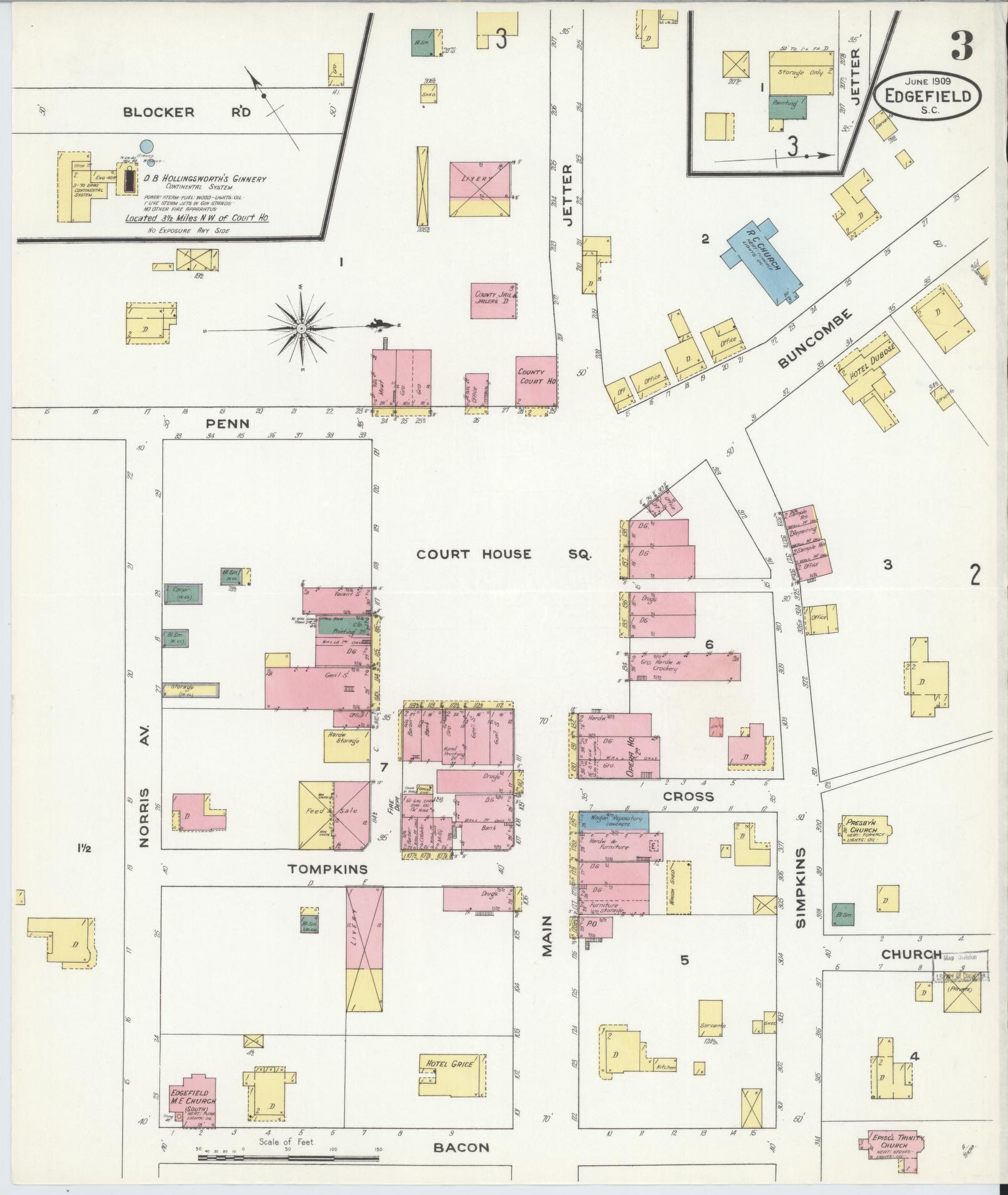 Sanborn Fire Insurance Map from Edgefield, Edgefield County, South Carolina (1909), Sheet #0003 - Historic Sanborn Fire Insurance Map Print, vintage old map wall art, antique decor, genealogy gift, South Carolina South Carolina map