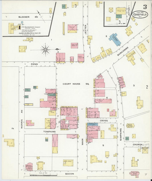 Sanborn Fire Insurance Map from Edgefield, Edgefield County, South Carolina (1909), Sheet #0003 - Historic Sanborn Fire Insurance Map Print, vintage old map wall art, antique decor, genealogy gift, South Carolina South Carolina map