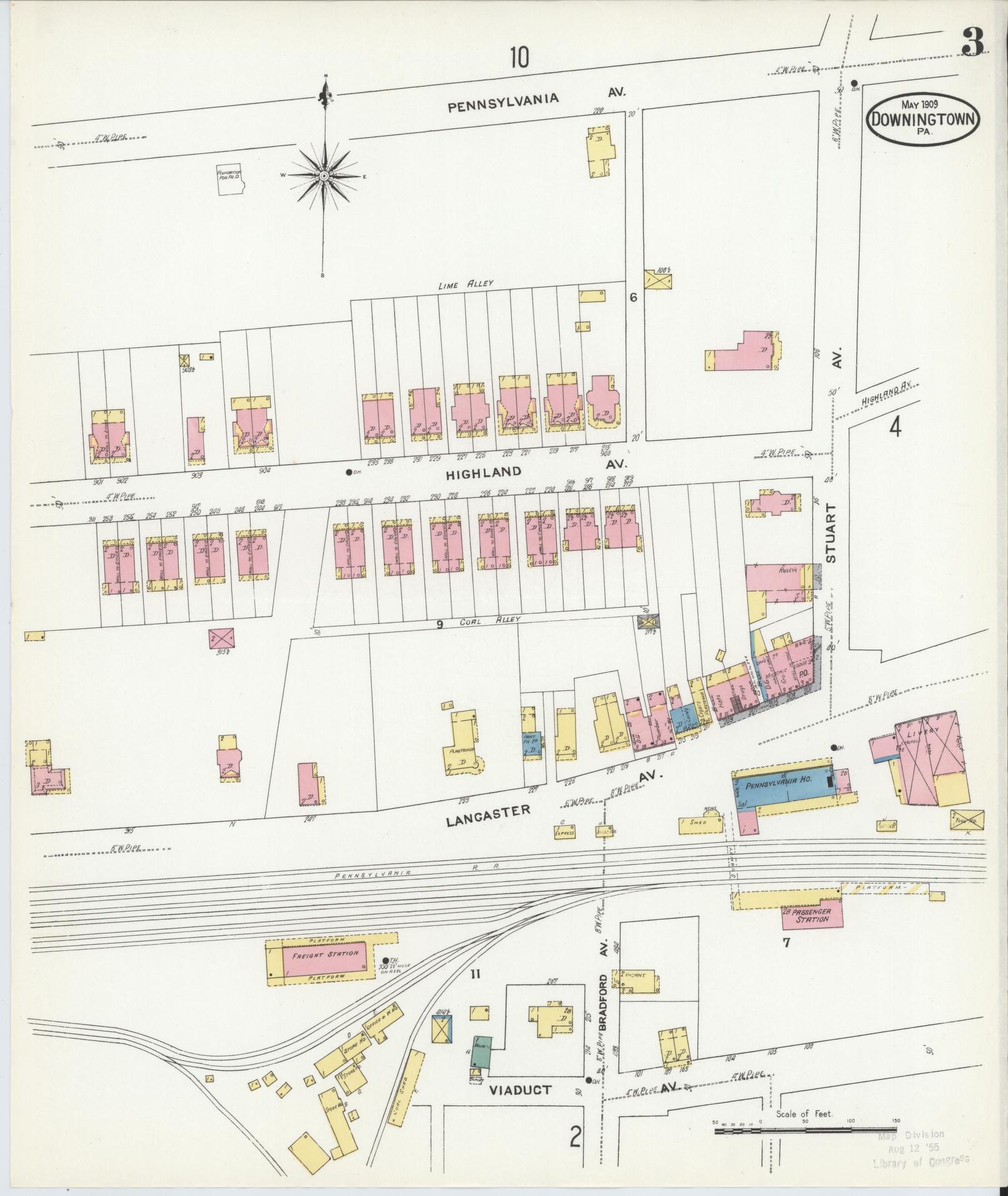 Sanborn Fire Insurance Map from Downingtown, Chester County, Pennsylvania (1909), Sheet #0003 - Historic Sanborn Fire Insurance Map Print, vintage old map wall art, antique decor, genealogy gift, Pennsylvania Pennsylvania map