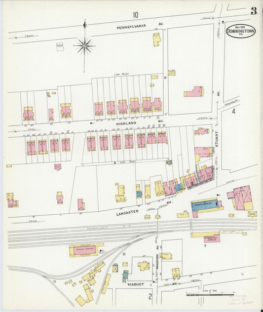 Sanborn Fire Insurance Map from Downingtown, Chester County, Pennsylvania (1909), Sheet #0003 - Historic Sanborn Fire Insurance Map Print, vintage old map wall art, antique decor, genealogy gift, Pennsylvania Pennsylvania map