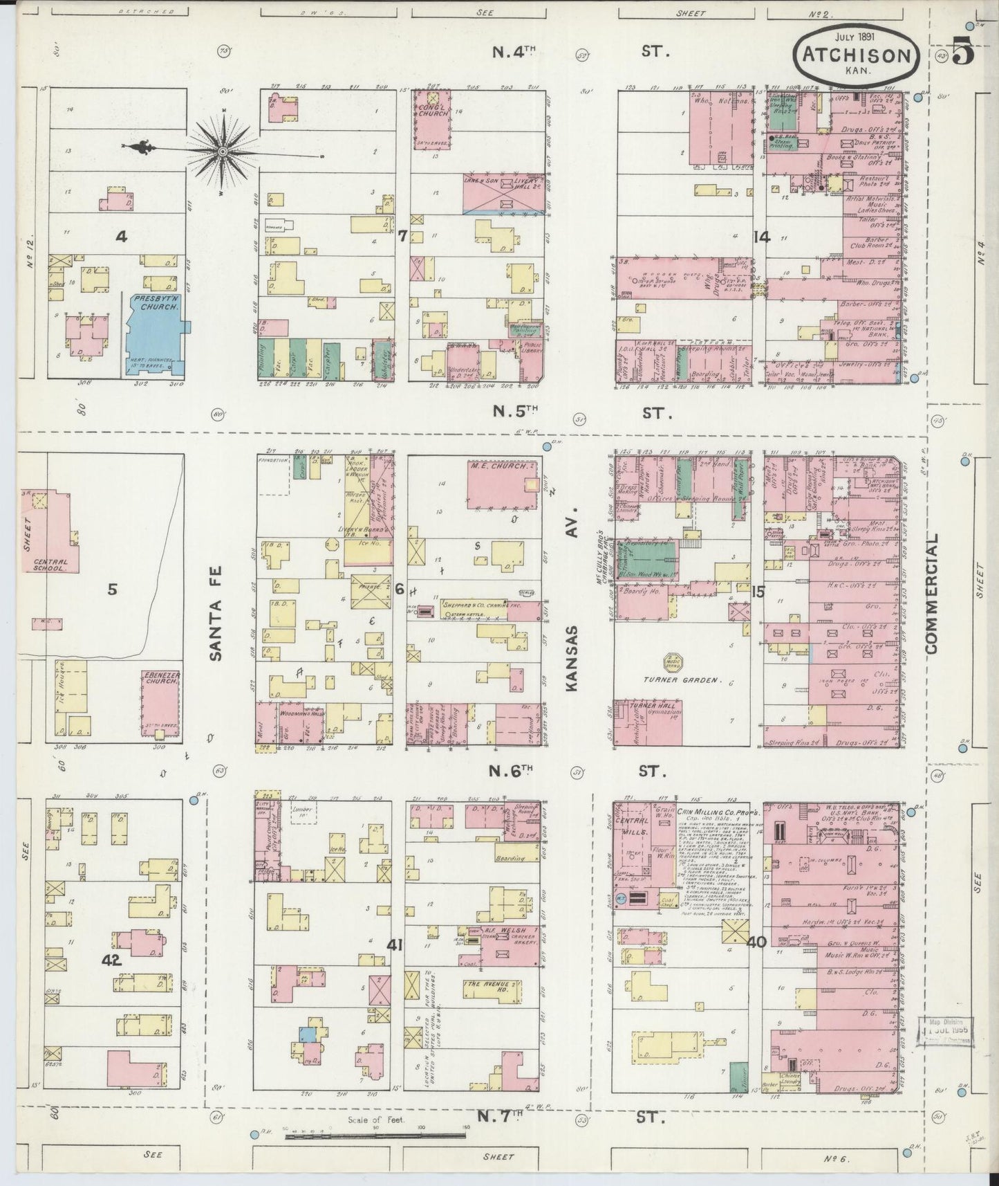 Sanborn Fire Insurance Map from Atchison, Atchison County, Kansas (1891), Sheet #0005 - Historic Sanborn Fire Insurance Map Print, vintage old map wall art, antique decor, genealogy gift, Kansas Kansas map