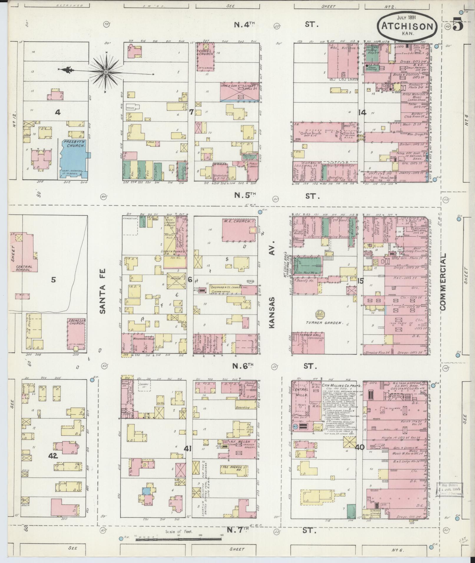 Sanborn Fire Insurance Map from Atchison, Atchison County, Kansas (1891), Sheet #0005 - Historic Sanborn Fire Insurance Map Print, vintage old map wall art, antique decor, genealogy gift, Kansas Kansas map