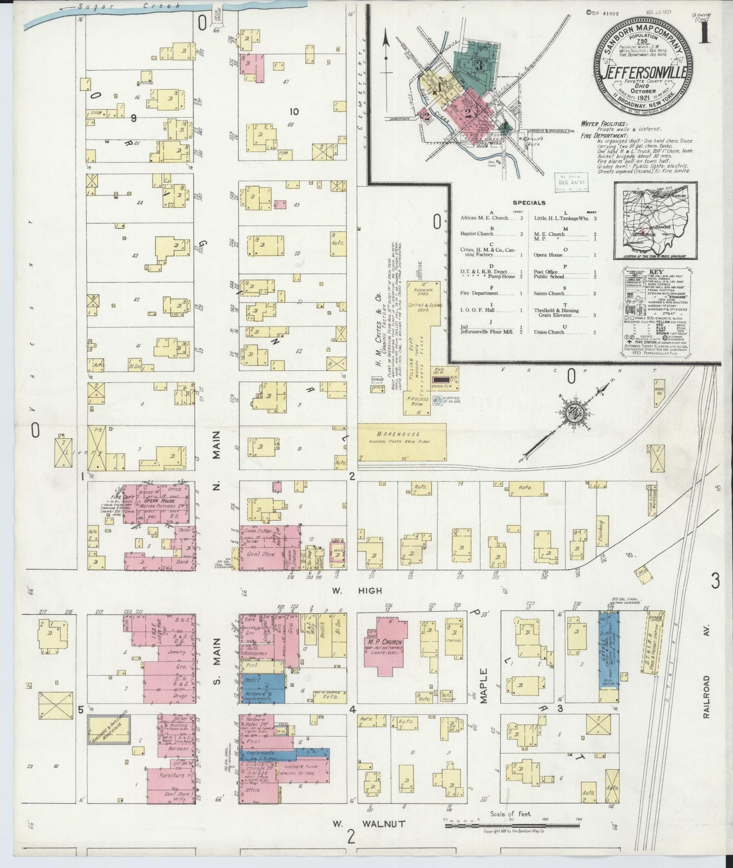 Sanborn Fire Insurance Map from Jeffersonville, Fayette County, Ohio (1921), Sheet #0001 - Historic Sanborn Fire Insurance Map Print, vintage old map wall art, antique decor, genealogy gift, Ohio Ohio map