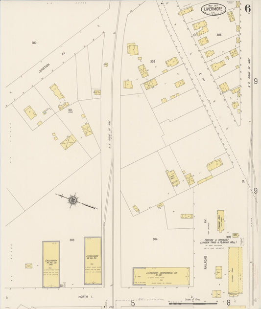 Sanborn Fire Insurance Map from Livermore, Alameda County, California (1917), Sheet #0006 - Historic Sanborn Fire Insurance Map Print, vintage old map wall art, antique decor, genealogy gift, California California map