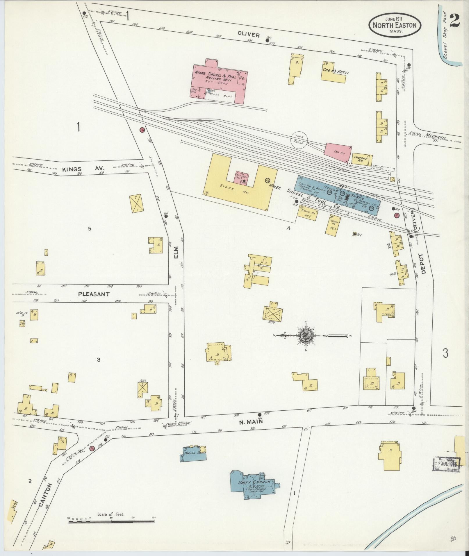 Sanborn Fire Insurance Map from North Easton, Bristol County, Massachusetts (1911), Sheet #0002 - Historic Sanborn Fire Insurance Map Print, vintage old map wall art, antique decor, genealogy gift, Massachusetts Massachusetts map