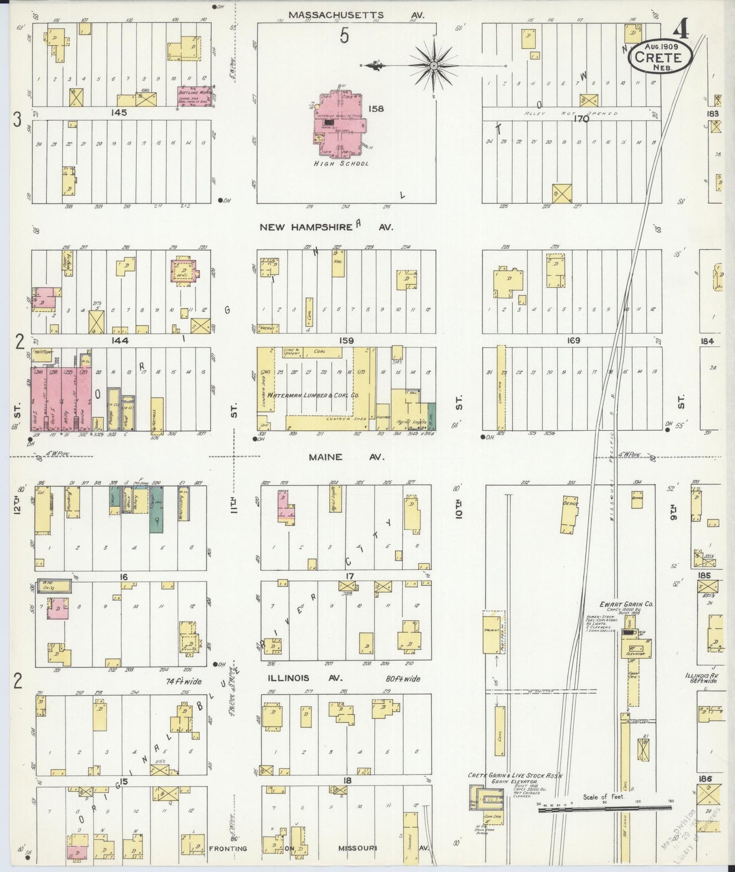 Sanborn Fire Insurance Map from Crete, Saline County, Nebraska (1909), Sheet #0004 - Complete Map Set gallery image, historic Sanborn map, vintage wall art, Nebraska Nebraska