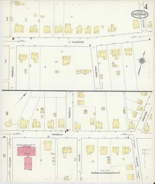 Sanborn Fire Insurance Map from Greenwood, Greenwood County, South Carolina (1913), Sheet #0004 - Historic Sanborn Fire Insurance Map Print, vintage old map wall art, antique decor, genealogy gift, South Carolina South Carolina map