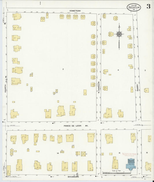 Sanborn Fire Insurance Map from Decatur, De Kalb County, Georgia (1911), Sheet #0003 - Historic Sanborn Fire Insurance Map Print, vintage old map wall art, antique decor, genealogy gift, Georgia Georgia map