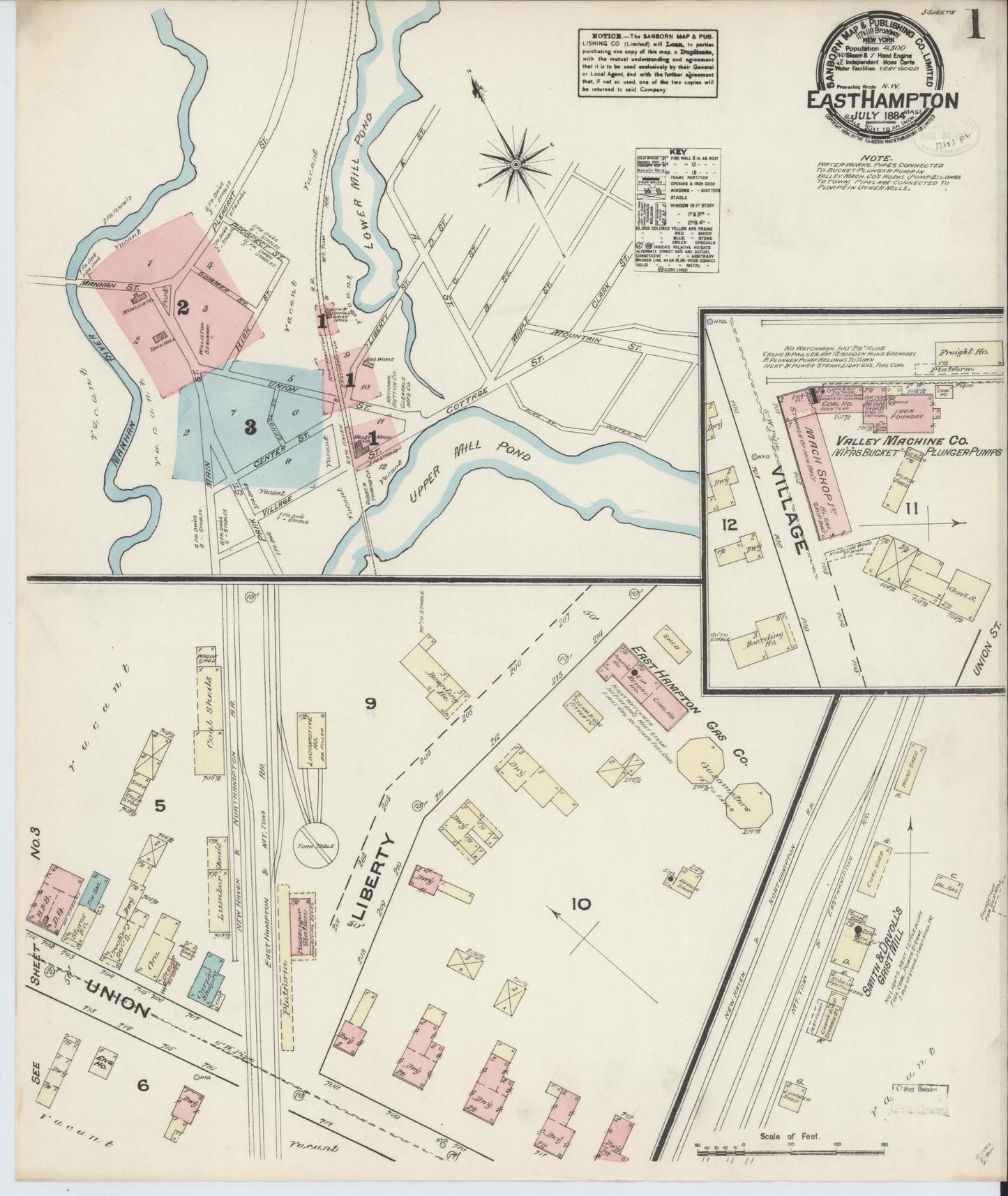 Sanborn Fire Insurance Map from East Hampton, Hampshire County, Massachusetts (1884), Sheet #0001 - Historic Sanborn Fire Insurance Map Print, vintage old map wall art, antique decor, genealogy gift, Massachusetts Massachusetts map
