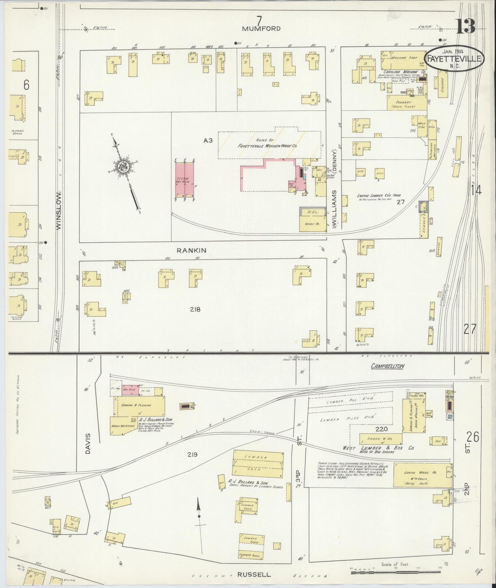 Sanborn Fire Insurance Map from Fayetteville, Cumberland County, North Carolina (1914), Sheet #0013 - Complete Map Set gallery image, historic Sanborn map, vintage wall art, North Carolina North Carolina
